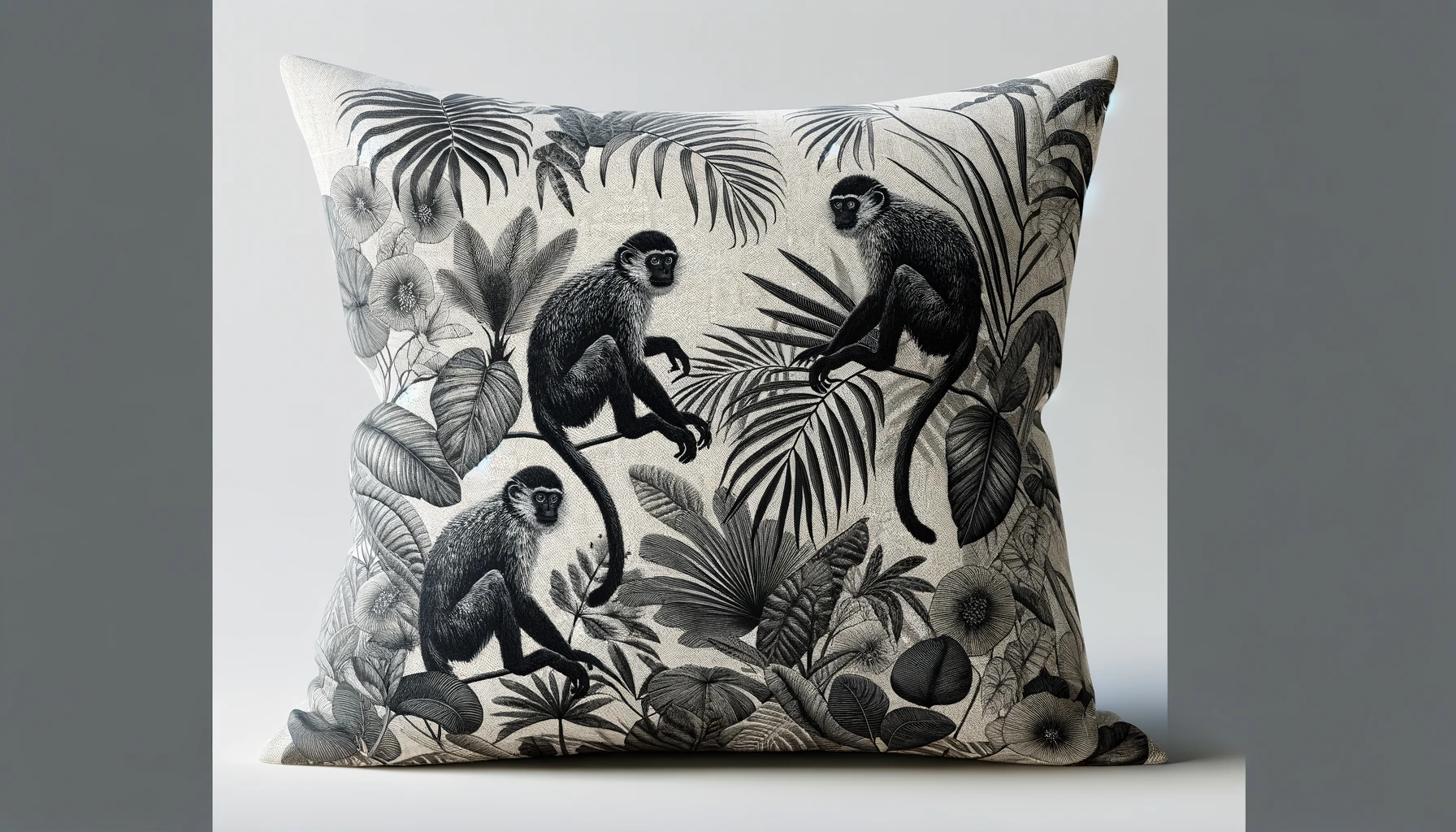 DALL·E-2024-03-21-11.26.22-A-high-resolution-16_9-aspect-ratio-image-of-a-throw-pillow-with-a-tropical-theme.-The-design-includes-detailed-black-and-white-illustrations-of-monk
