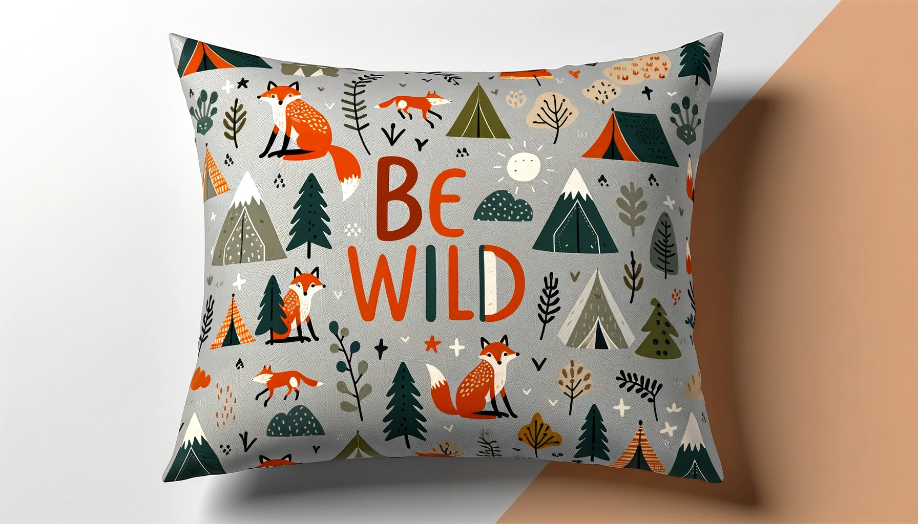DALL·E-2024-03-21-11.30.34-A-high-resolution-16_9-aspect-ratio-image-of-a-throw-pillow-with-a-playful-camping-theme-pattern.-The-pattern-features-illustrations-of-foxes-tents