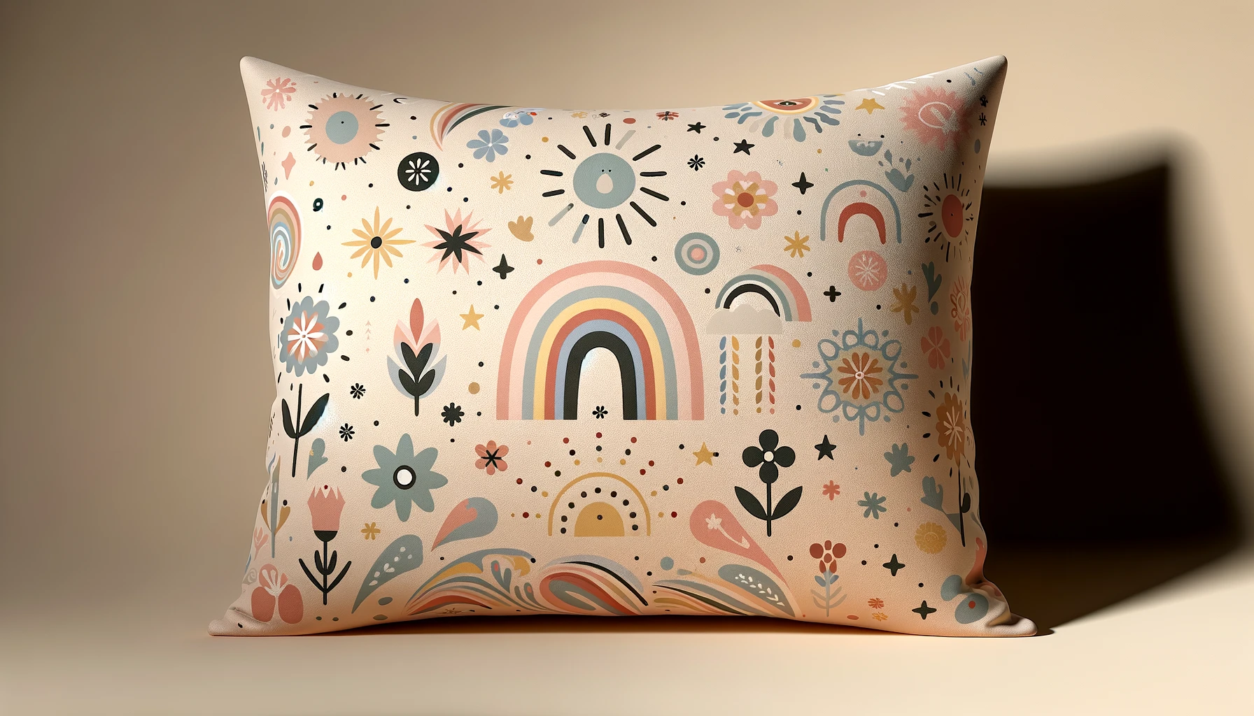 DALL·E-2024-03-21-11.33.32-A-high-resolution-16_9-aspect-ratio-image-of-a-throw-pillow-featuring-a-whimsical-pattern-with-motifs-such-as-rainbows-flowers-stars-and-abstract-