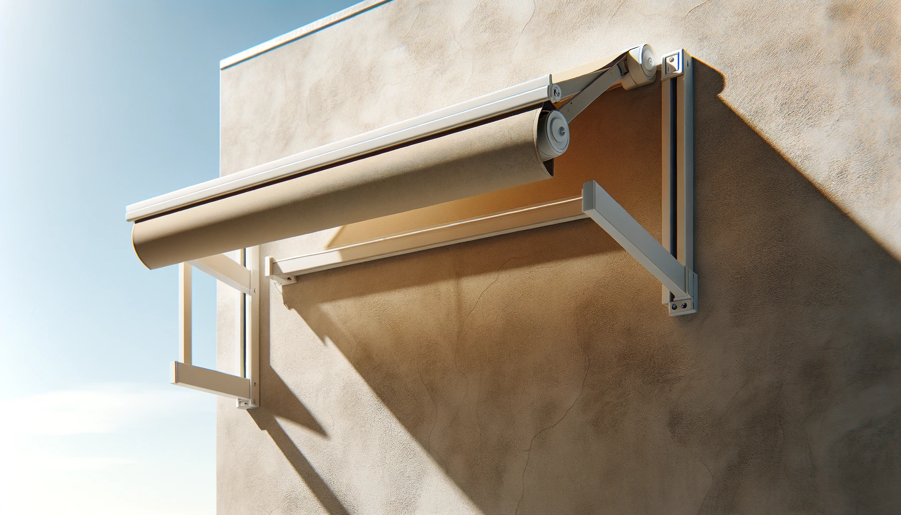 DALL·E-2024-03-21-12.50.53-A-photographic-image-of-a-modern-beige-retractable-awning-attached-to-a-textured-off-white-concrete-wall.-The-awning-is-partially-extended-casting-a-