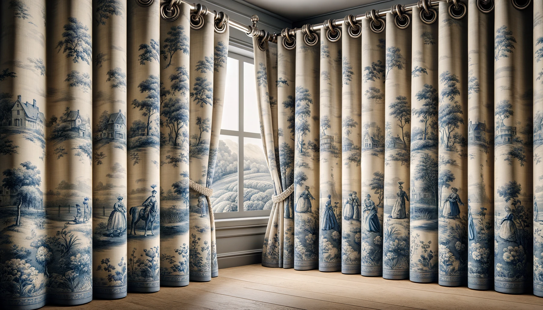 DALL·E-2024-03-21-15.05.25-A-wide-landscape-oriented-image-showcasing-elegant-curtains-with-a-classic-toile-de-Jouy-pattern.-The-curtains-feature-intricate-pastoral-scenes-in-bl