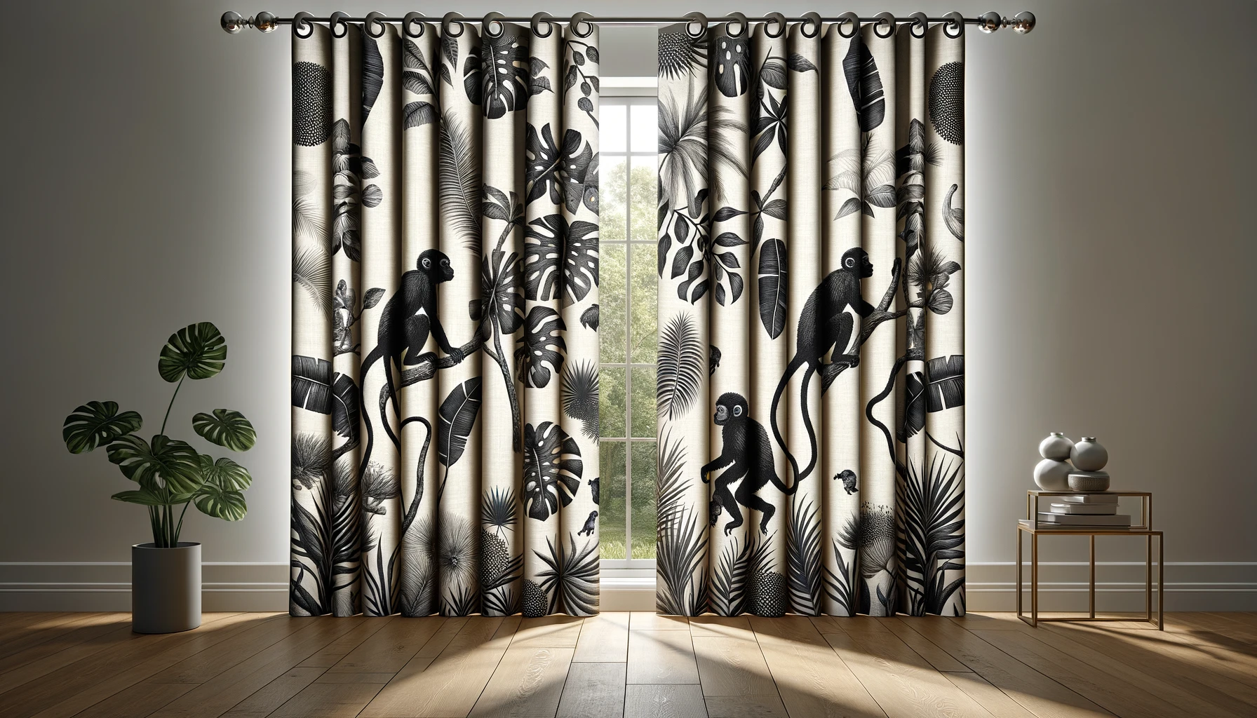 DALL·E-2024-03-21-15.11.15-A-wide-landscape-oriented-image-showcasing-elegant-curtains-featuring-a-monochromatic-jungle-pattern.-The-design-consists-of-black-silhouettes-of-vari