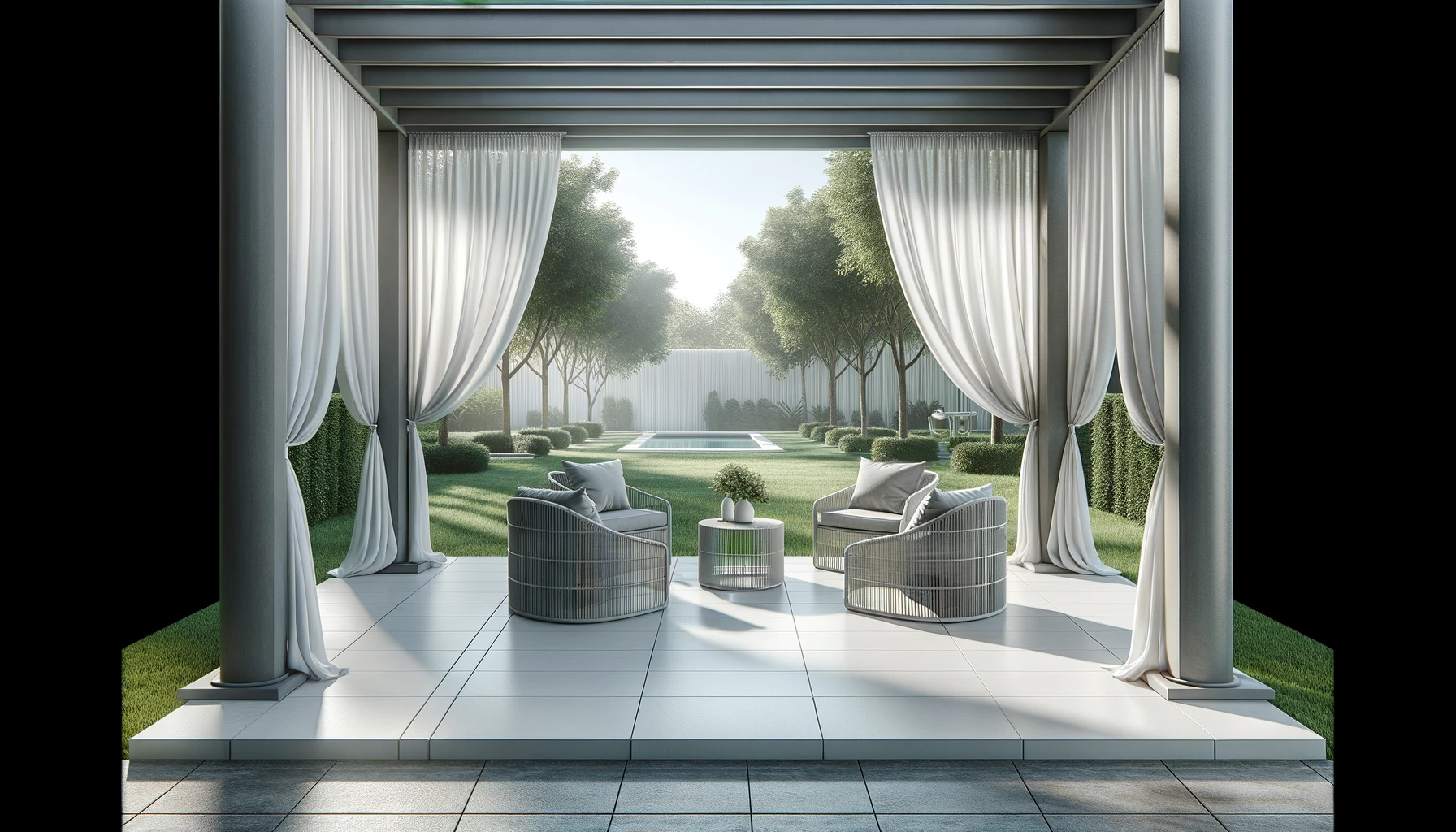 DALL·E-2024-03-21-16.07.36-A-modern-outdoor-patio-scene-with-elegant-white-curtains-hanging-from-a-minimalistic-grey-metal-pergola-structure.-The-curtains-are-tied-to-the-posts
