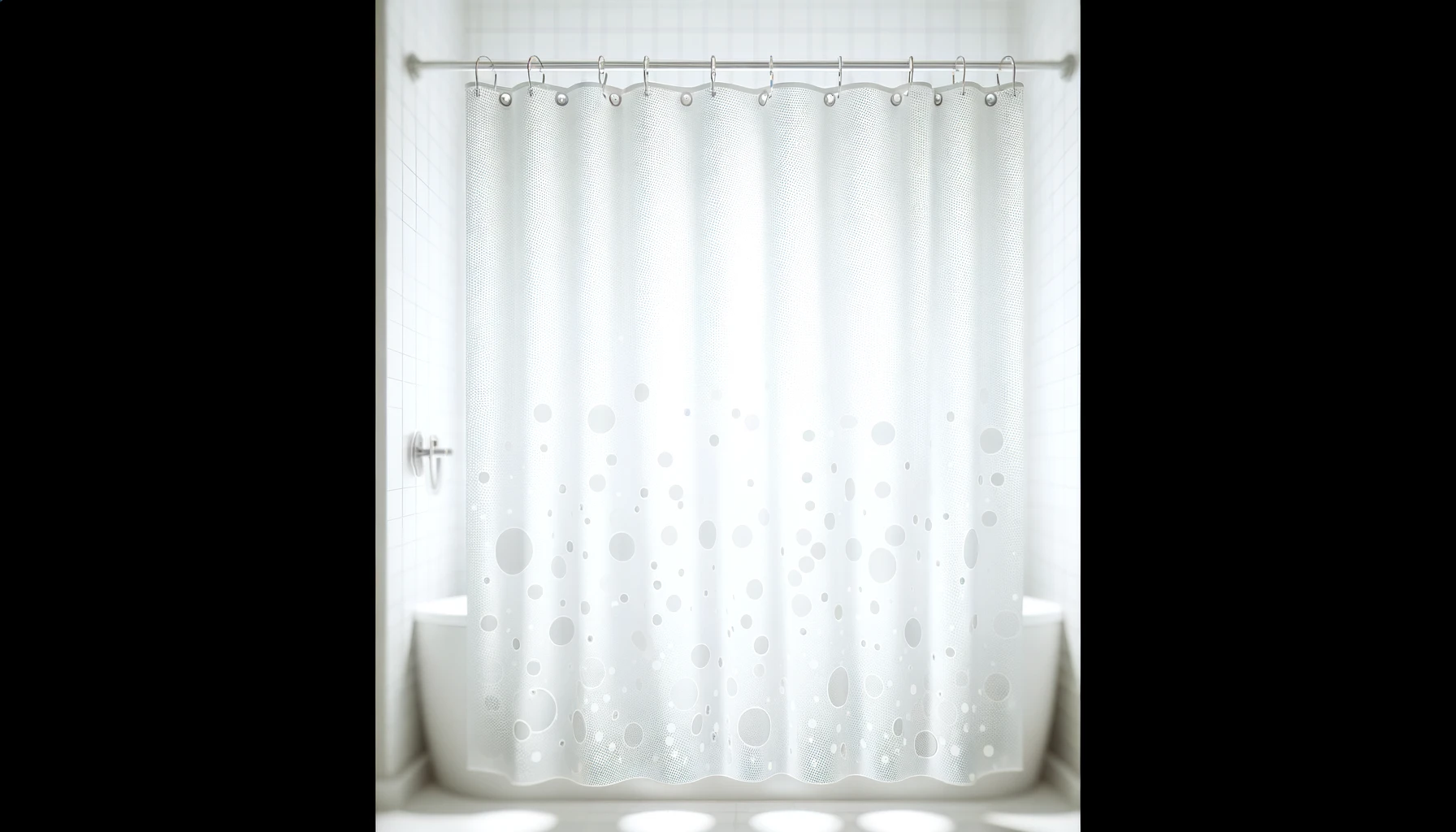 DALL·E-2024-03-21-16.47.29-A-high-key-photograph-of-a-semi-transparent-white-shower-curtain-with-a-subtle-polka-dot-pattern.-The-curtain-is-hanging-from-a-metallic-rod-with-circ