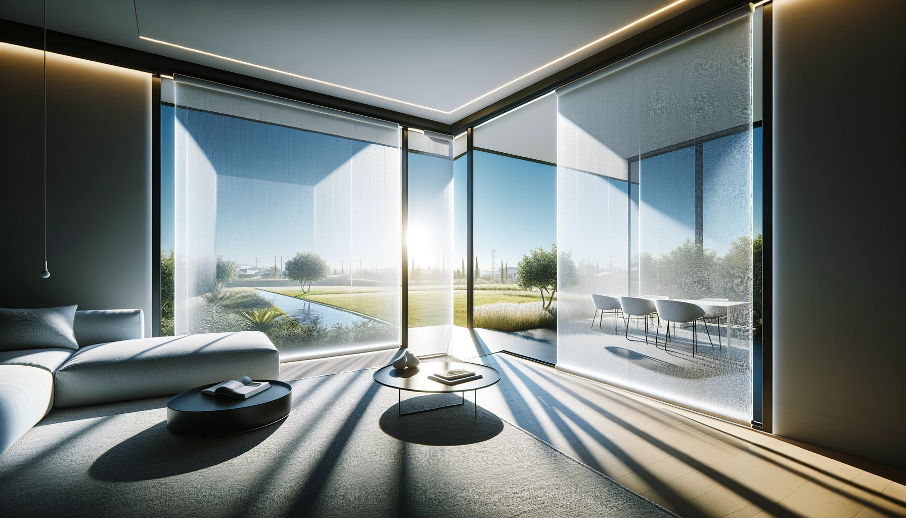 DALL·E-2024-03-22-05.23.20-An-ultra-high-definition-wide-angle-photograph-of-a-modern-semi-transparent-white-roller-blind-in-a-horizontal-orientation-revealing-a-sunny-landsc