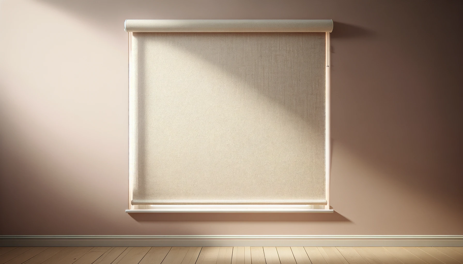 DALL·E-2024-03-22-05.26.52-A-high-definition-wide-angle-photograph-of-a-full-length-cream-roller-blind-against-a-muted-pink-wall.-The-blind-is-made-of-a-delicate-textured-fabri