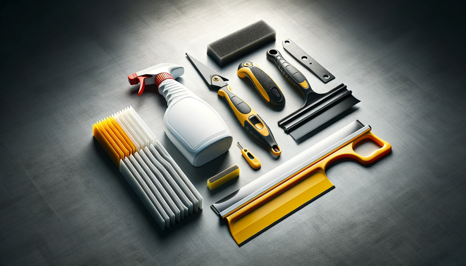 DALL·E-2024-03-22-05.47.37-A-high-definition-wide-angle-photograph-of-a-cleaning-kit-spread-out-horizontally-on-a-grey-background.-The-kit-includes-a-white-spray-bottle-with-a-