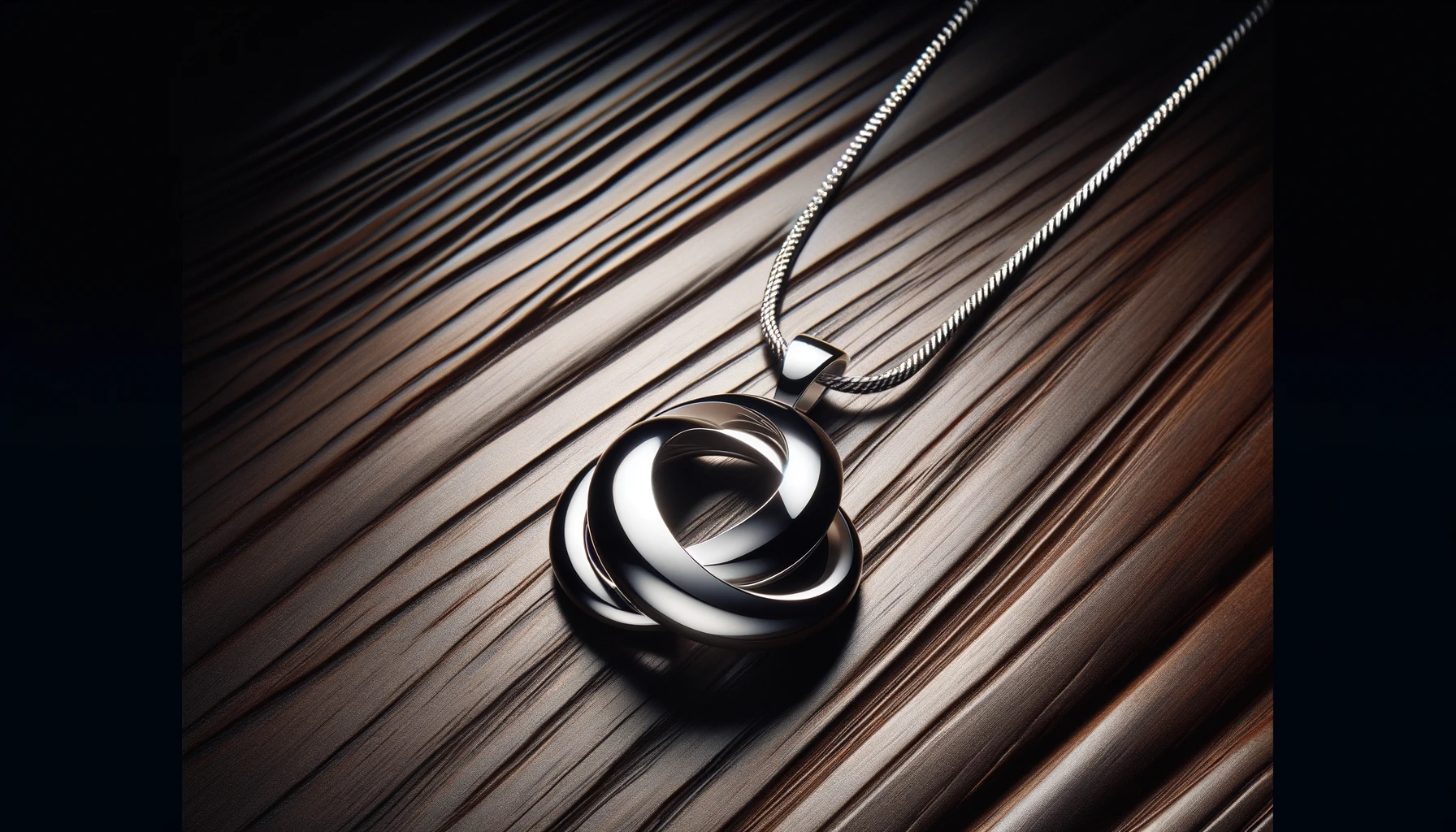 DALL·E-2024-03-22-08.35.41-A-photograph-of-a-sophisticated-metallic-pendant-on-a-thin-silver-necklace-resting-against-a-dark-wood-grain-background.-The-pendant-has-a-sleek-mod