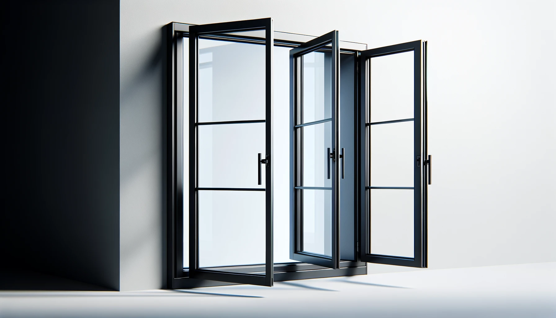 DALL·E-2024-04-03-14.52.09-An-open-modern-black-window-frame-with-a-double-casement-set-against-a-light-grey-wall.-The-window-features-a-sleek-design-with-slim-frames-maximizi