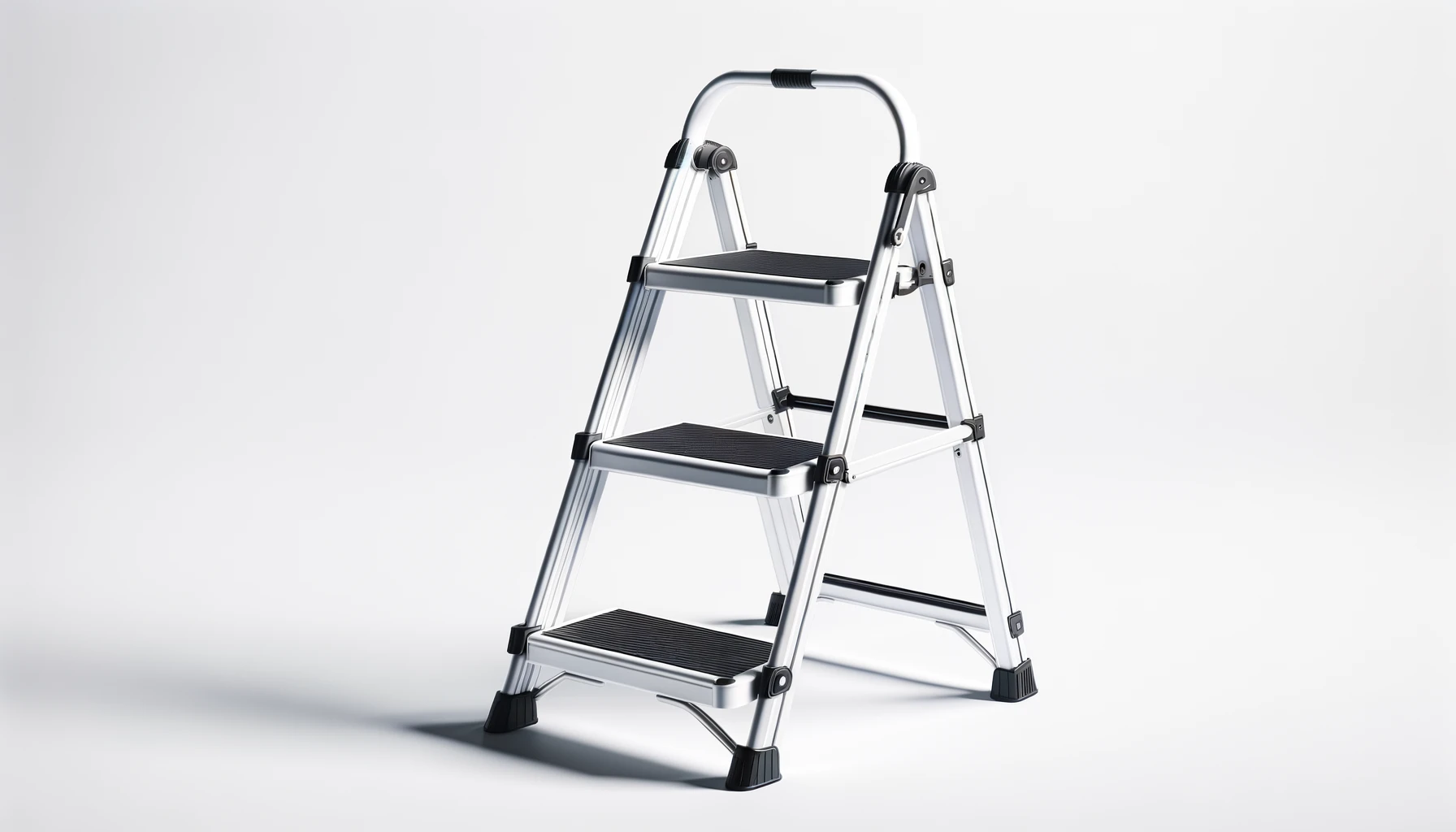 DALL·E-2024-04-03-14.59.04-A-modern-step-ladder-with-a-sleek-white-metal-frame-and-black-anti-slip-steps.-The-ladder-has-two-steps-with-the-top-step-doubling-as-a-stable-platfo