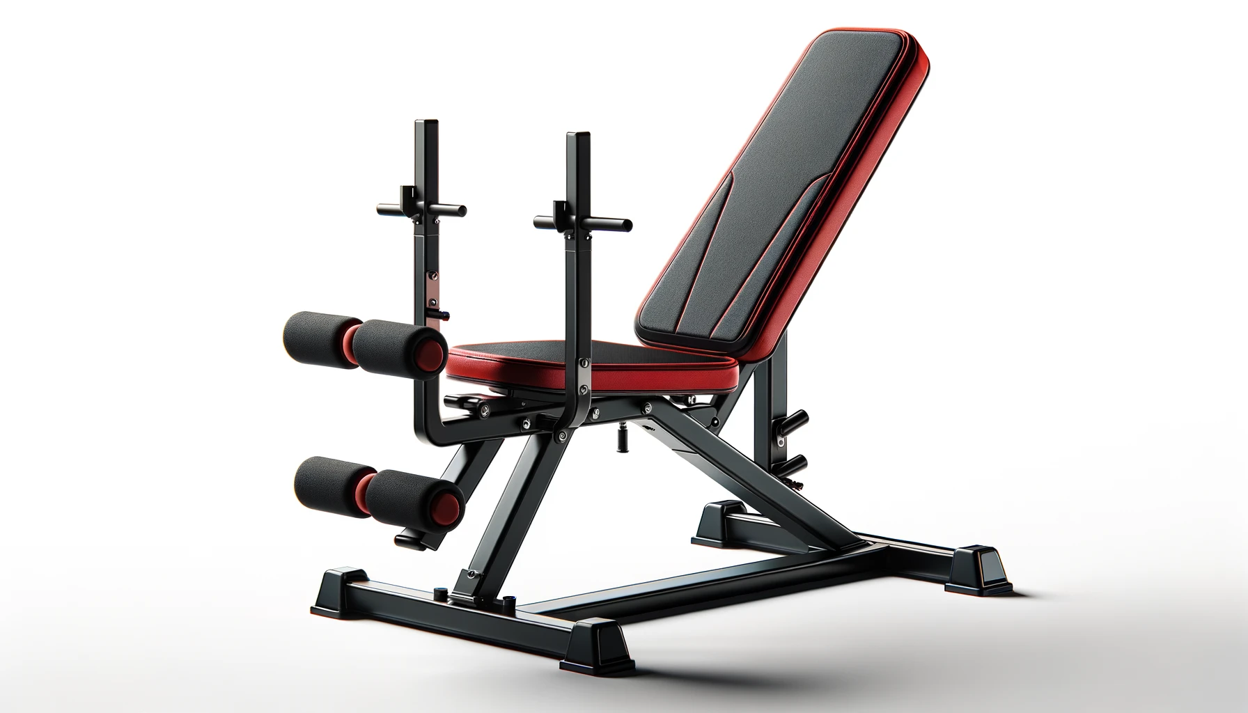 DALL·E-2024-04-03-15.25.47-Render-a-3D-image-of-a-modern-adjustable-weight-bench-for-gym-use.-The-bench-should-have-a-sleek-design-with-a-black-frame-and-a-prominent-red-cushion