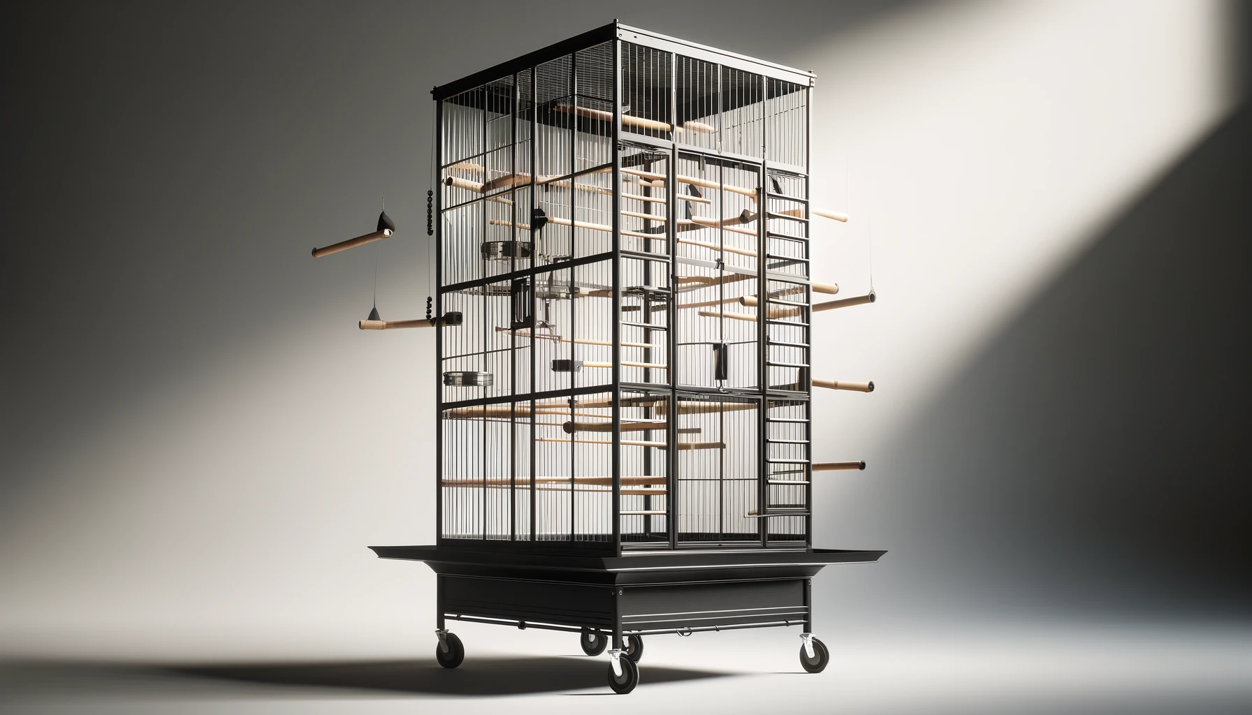DALL·E-2024-04-04-09.30.51-A-realistic-image-of-a-tall-bird-cage-on-wheels-with-a-black-metal-frame.-The-cage-features-multiple-perches-at-different-levels-accessible-by-ladder