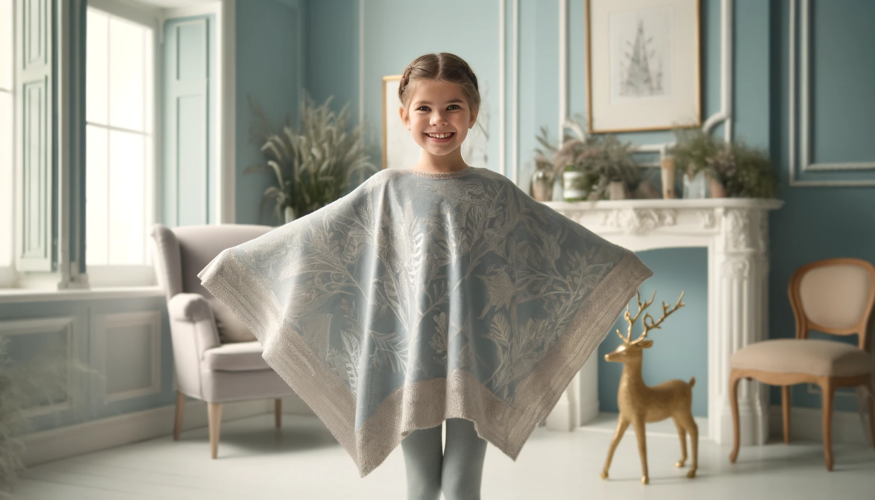 DALL·E-2024-04-04-13.01.01-A-joyful-young-girl-standing-indoors-wearing-a-loose-fitting-poncho-that-drapes-elegantly-around-her-arms.-The-poncho-is-light-blue-with-a-pattern-of