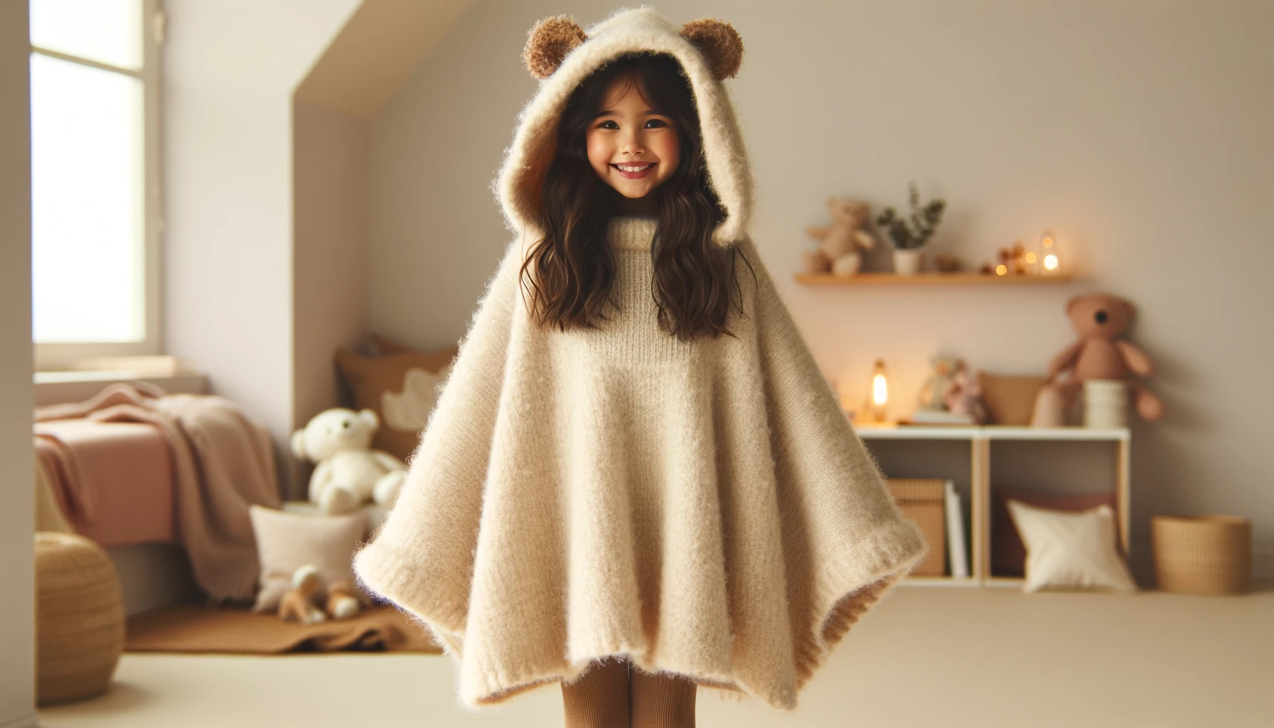 DALL·E-2024-04-04-13.13.00-A-full-length-portrait-of-a-joyful-young-girl-standing-indoors.-She-is-wearing-an-oversized-poncho-that-elegantly-drapes-around-her-arms-and-is-made-o