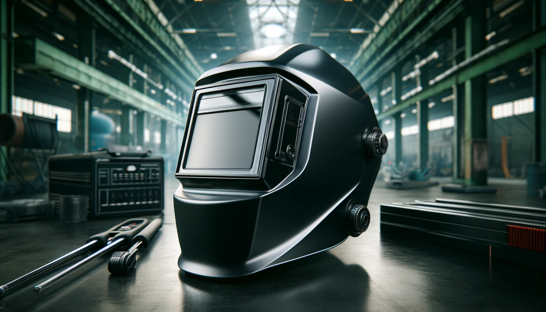 DALL·E-2024-04-04-14.43.53-Create-a-wide-angle-image-of-a-modern-welding-helmet.-The-helmet-is-designed-for-maximum-safety-and-functionality.-It-should-be-black-with-a-glossy-fi