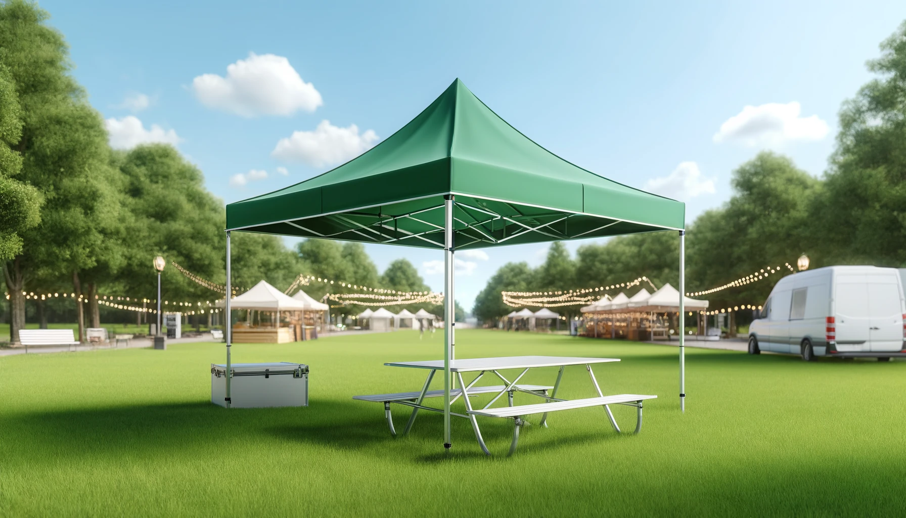 DALL·E-2024-04-04-16.14.29-Create-a-wide-angle-image-of-an-outdoor-event-with-a-vibrant-green-pop-up-canopy.-The-canopy-has-a-sturdy-white-metal-frame-with-a-high-peaked-green-