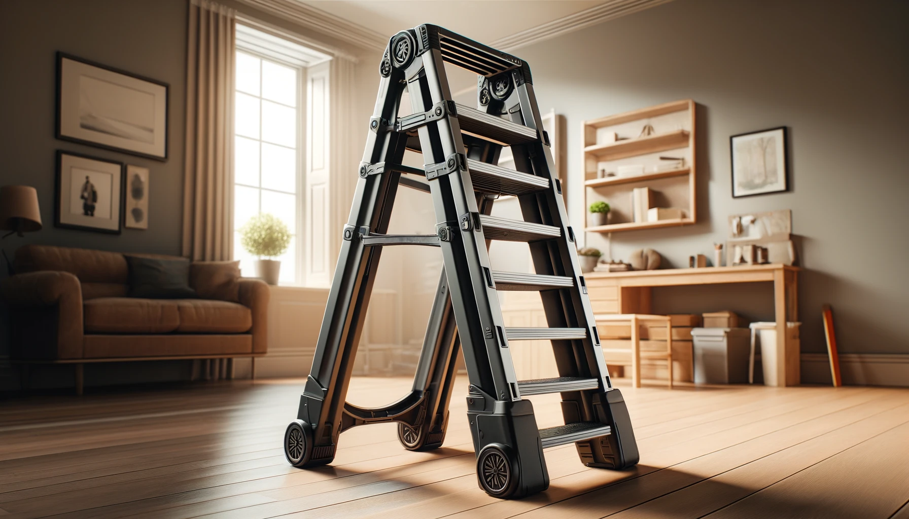 DALL·E-2024-04-04-16.18.12-Create-a-wide-angle-image-of-a-sturdy-folding-step-ladder.-The-ladder-has-a-sleek-black-design-and-is-constructed-from-durable-materials-suitable-for