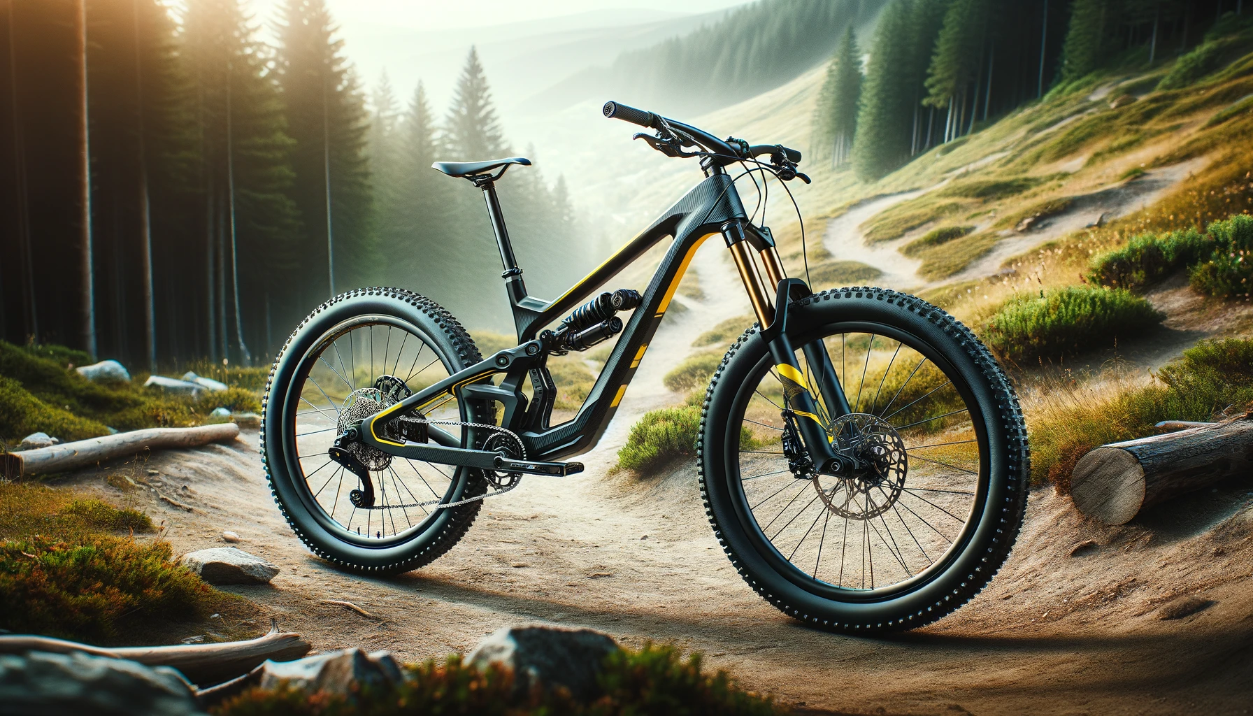 DALL·E-2024-04-04-16.53.29-Create-a-wide-angle-image-of-a-modern-mountain-bike-on-an-adventurous-trail.-The-bike-should-have-a-sleek-design-with-a-black-and-yellow-frame-featur