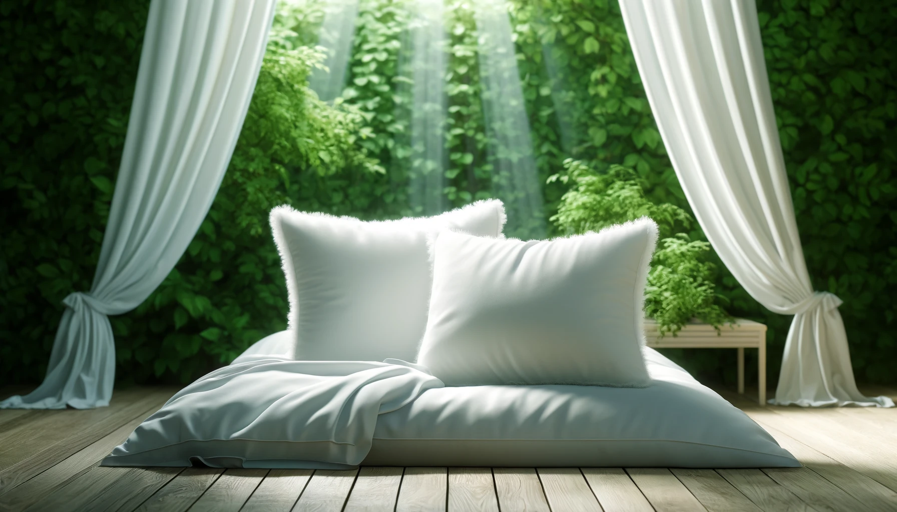 DALL·E-2024-04-04-17.03.41-Create-a-highly-detailed-horizontal-image-of-a-set-of-two-soft-white-pillows-against-a-natural-green-foliage-background-evoking-a-serene-and-comfort