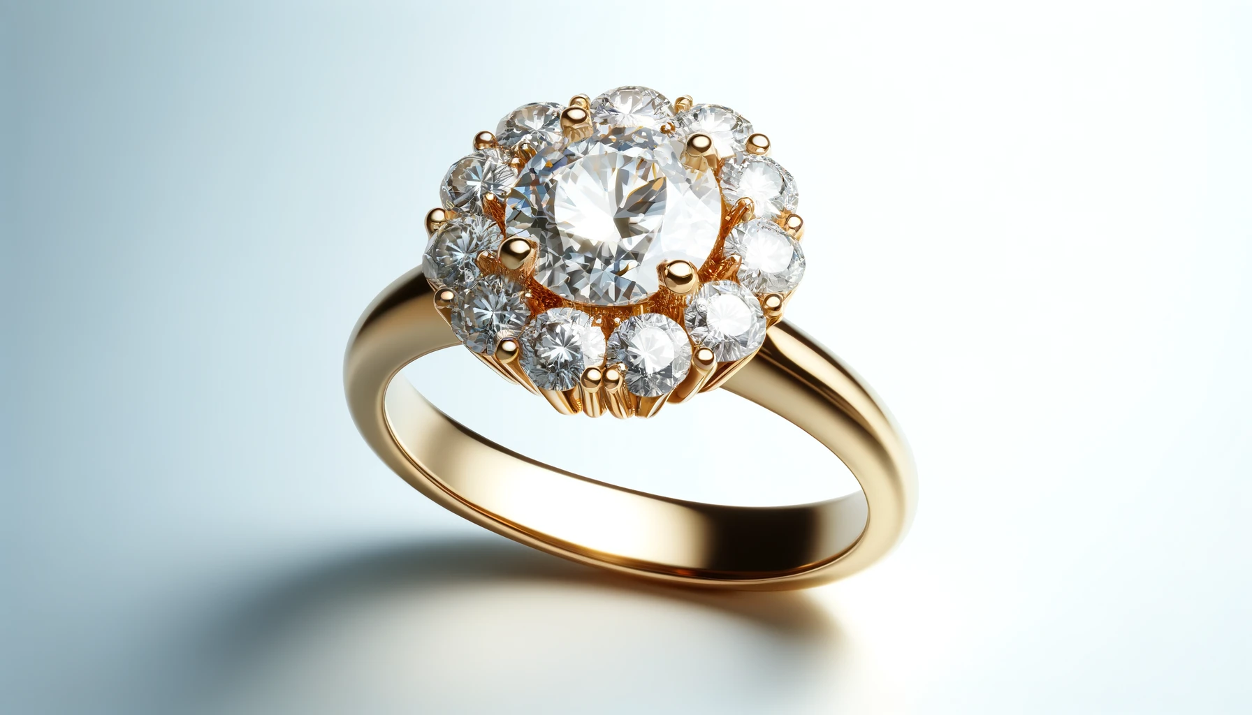 DALL·E-2024-04-05-10.05.03-A-high-resolution-image-of-an-elegant-gold-ring-with-a-prominent-diamond-cluster-setting-on-a-plain-white-background.-The-rings-band-is-polished-to-a