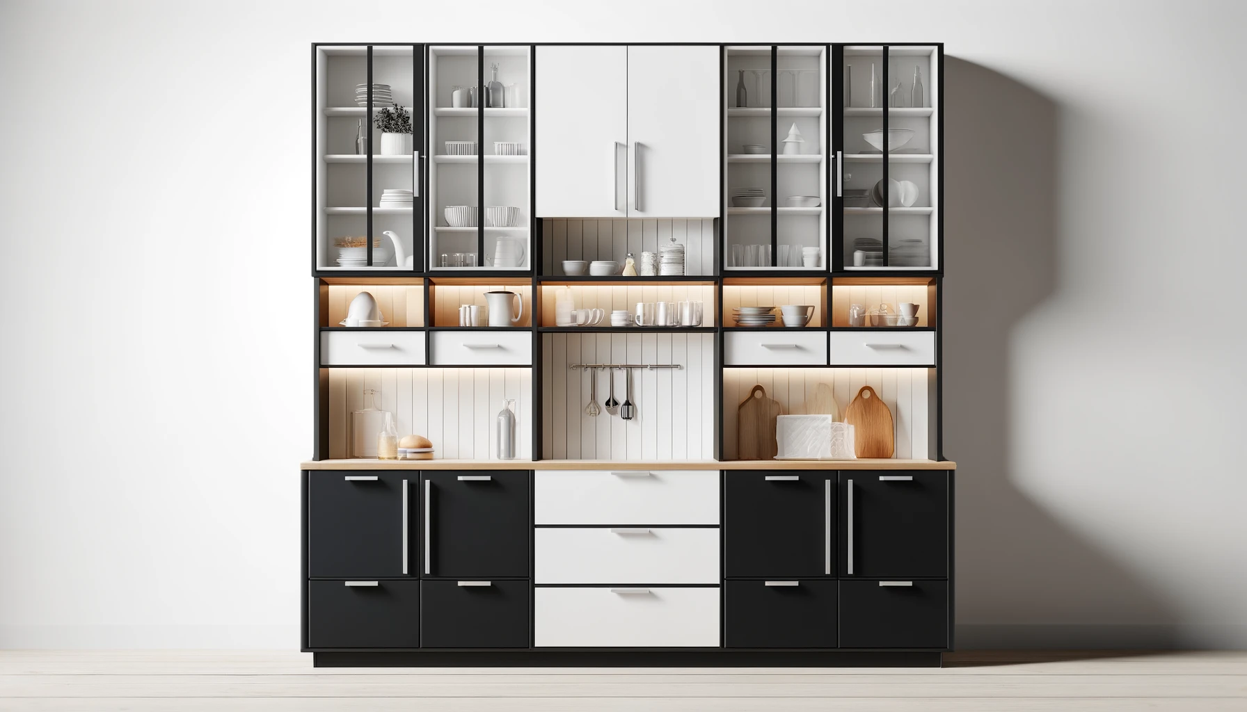 DALL·E-2024-04-05-11.46.16-A-high-definition-image-of-a-stylish-modern-kitchen-hutch-on-a-white-background.-The-hutch-combines-black-and-white-colors-for-a-bold-contrast.-The-lo