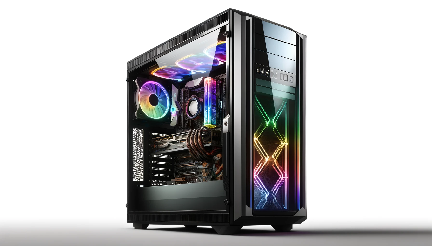 DALL·E-2024-04-05-12.43.11-A-high-definition-image-of-a-high-performance-gaming-PC-tower-on-a-white-background.-The-tower-has-a-black-metal-chassis-with-transparent-tempered-gla