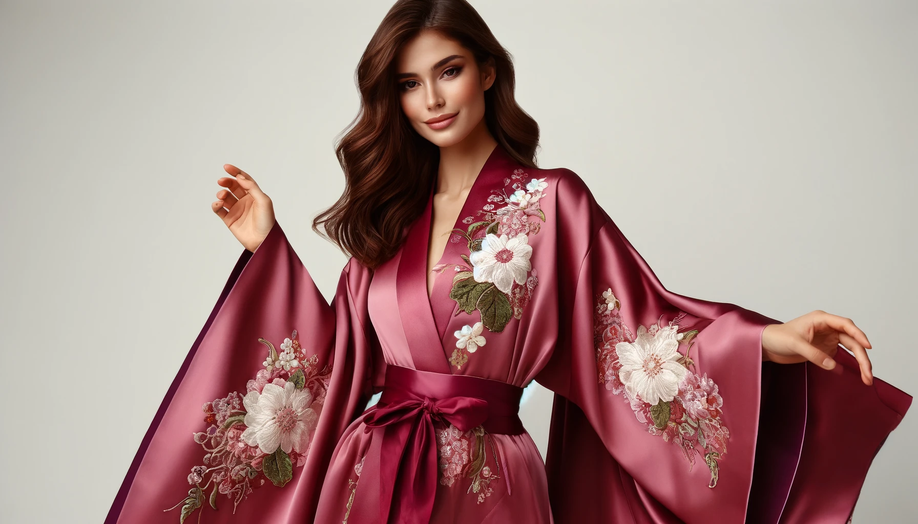 DALL·E-2024-04-05-17.10.45-A-high-quality-horizontal-image-of-a-confident-woman-posing.-Shes-wearing-a-luxurious-deep-pink-kimono-that-falls-gracefully-to-mid-calf-length.-Th