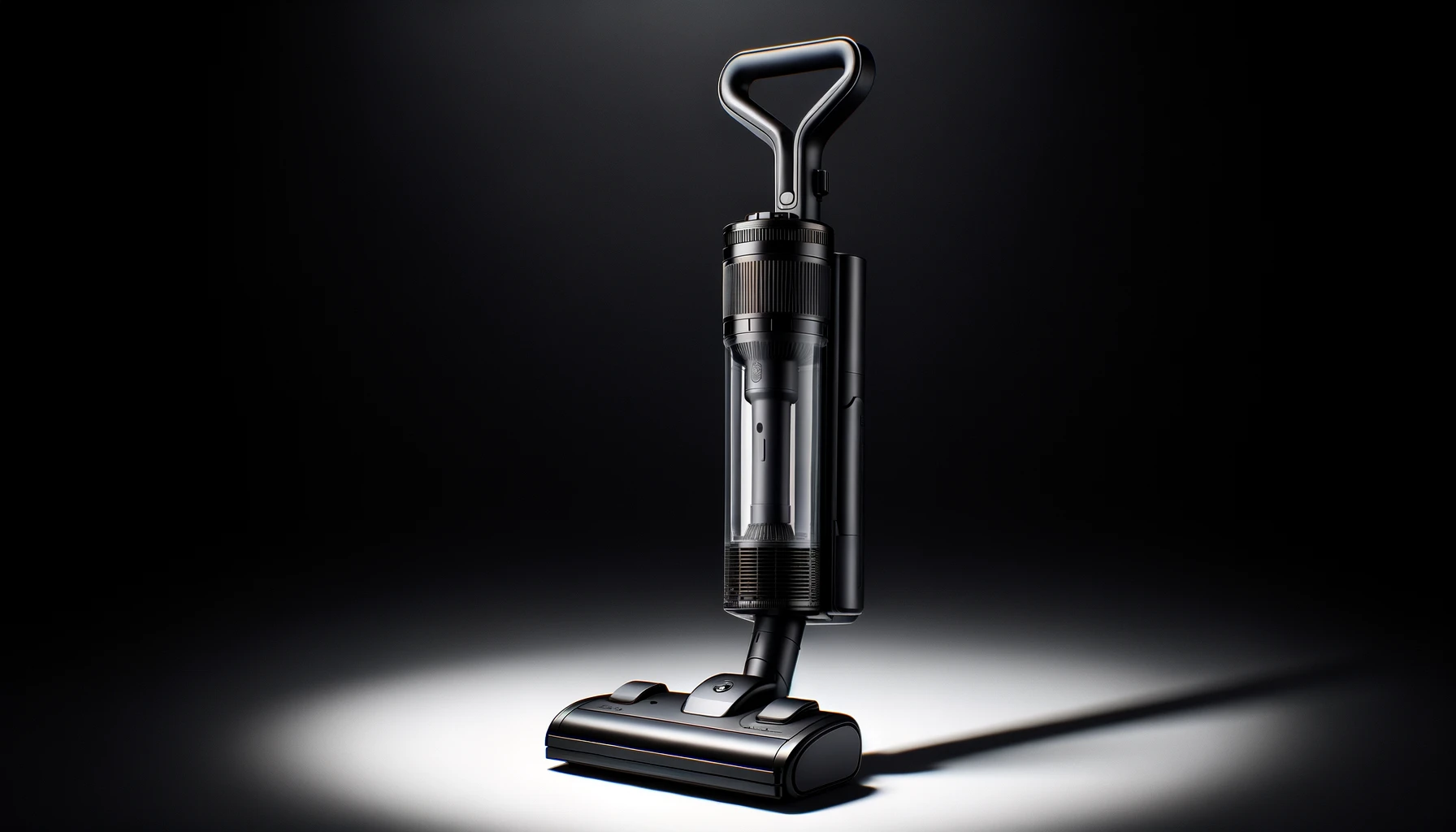DALL·E-2024-04-08-08.59.25-A-sleek-cordless-stick-vacuum-cleaner-in-a-black-finish-stands-upright-against-a-white-background.-The-vacuum-cleaner-features-a-modular-design-with