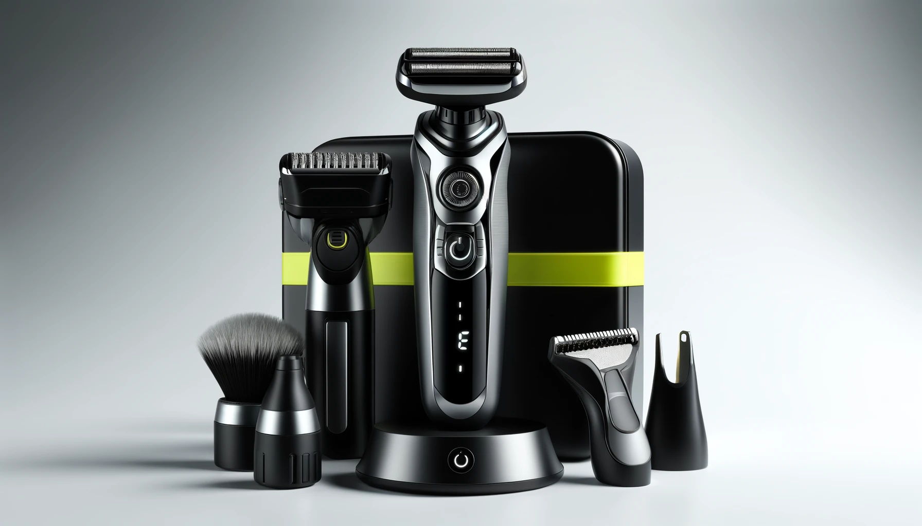 DALL·E-2024-04-08-09.37.37-A-modern-electric-shaver-kit-is-showcased-against-a-white-background.-The-main-shaver-has-a-sleek-black-design-with-silver-accents-a-power-button-an
