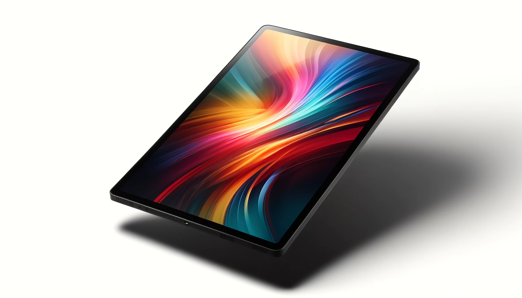 DALL·E-2024-04-08-11.18.03-A-high-resolution-image-of-a-modern-tablet-with-a-black-bezel-and-a-colorful-display-screen-showing-a-dynamic-abstract-wallpaper.-The-tablet-is-presen