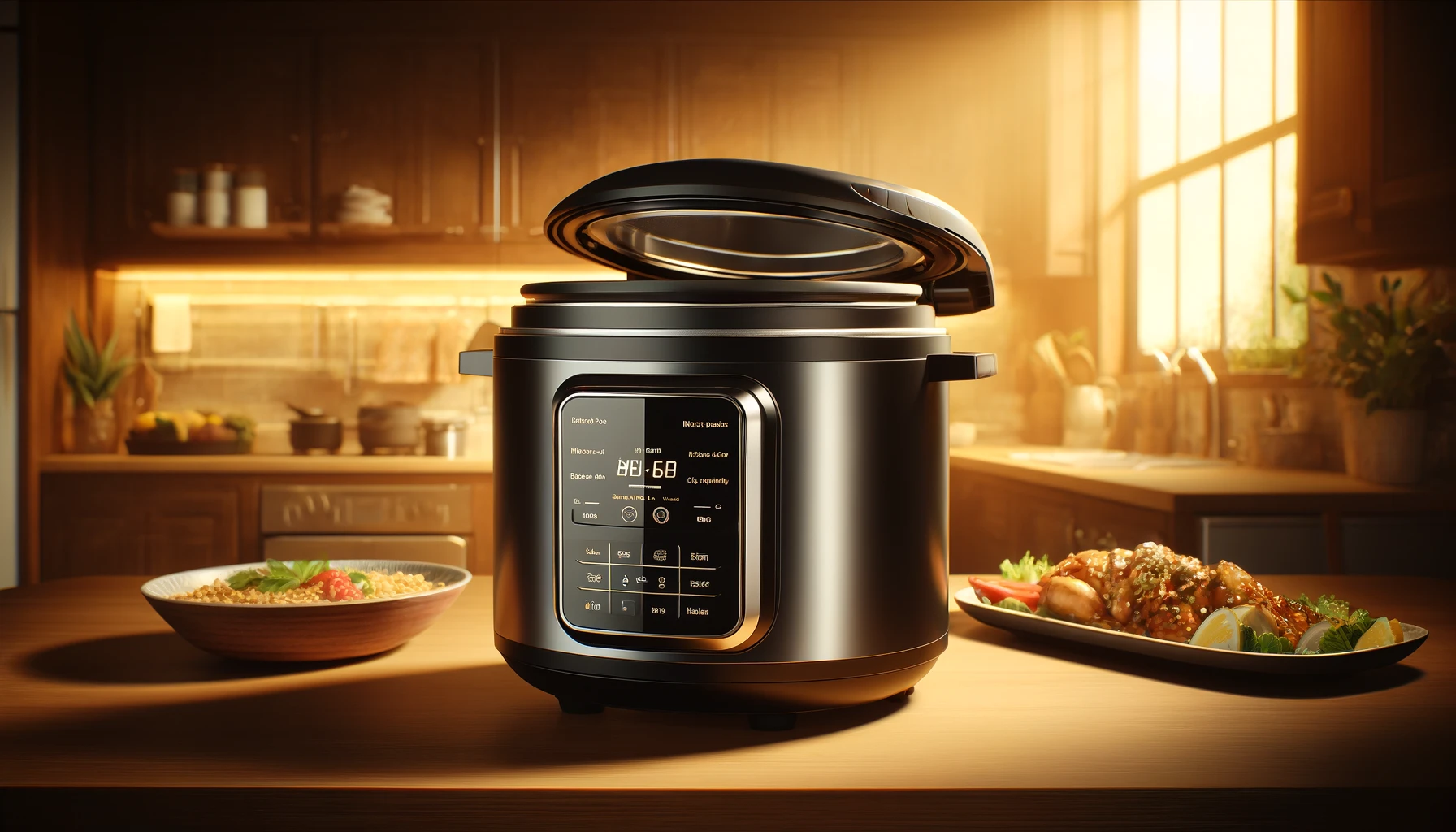 DALL·E-2024-04-08-13.21.23-A-high-resolution-image-of-a-modern-multi-cooker-with-a-black-and-silver-design-set-on-a-kitchen-counter.-The-multi-cooker-has-an-open-lid-revealing
