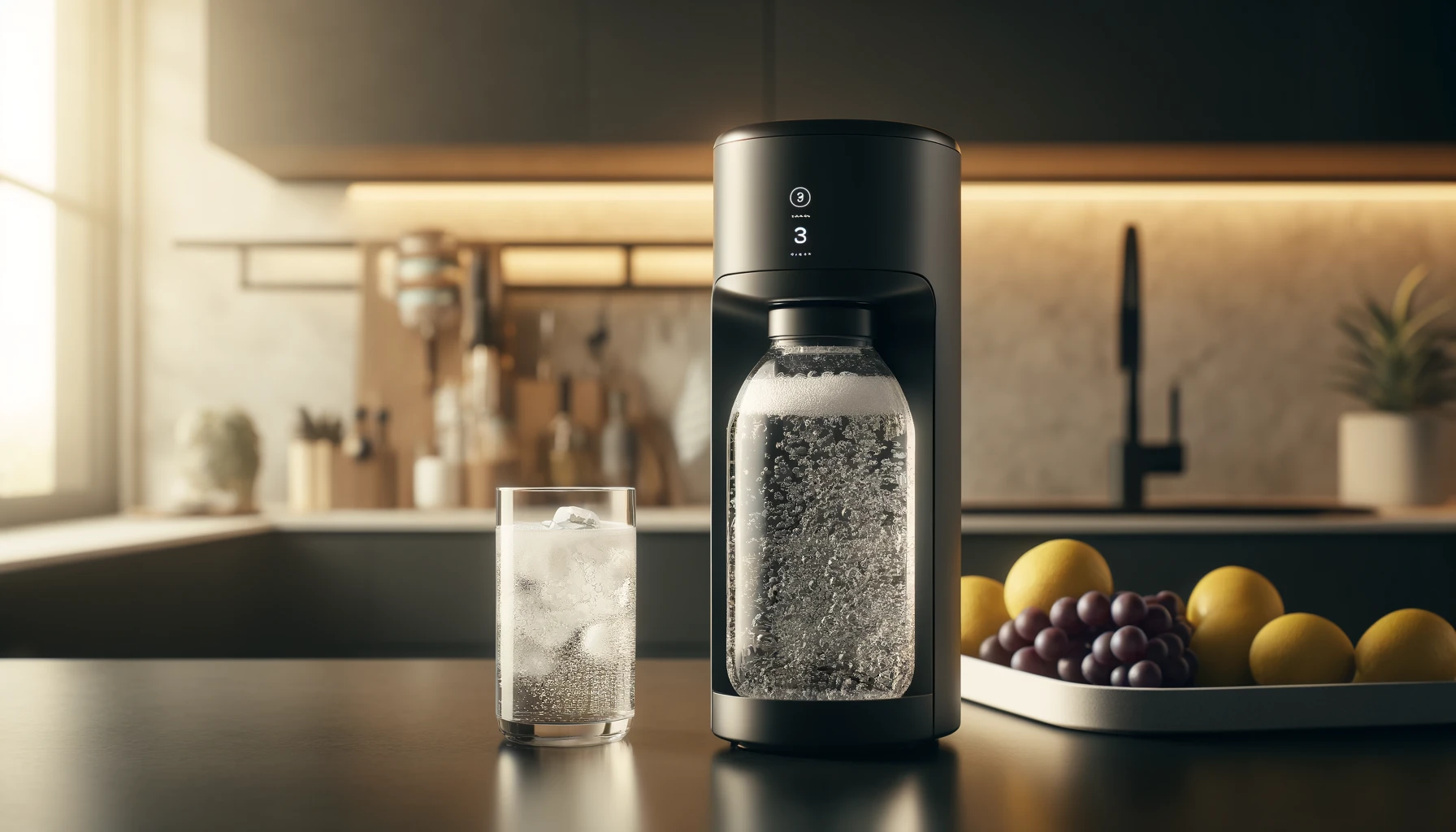 DALL·E-2024-04-08-13.26.49-A-high-resolution-image-of-a-sparkling-water-maker-with-a-black-body-on-a-kitchen-counter.-The-device-is-carbonating-water-inside-a-transparent-bottle