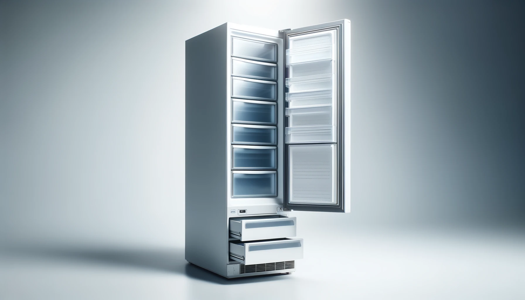 DALL·E-2024-04-08-13.37.00-A-wide-angle-high-resolution-image-of-an-open-empty-upright-freezer-with-a-white-finish.-The-freezer-door-is-open-to-show-several-clear-drawers-desi