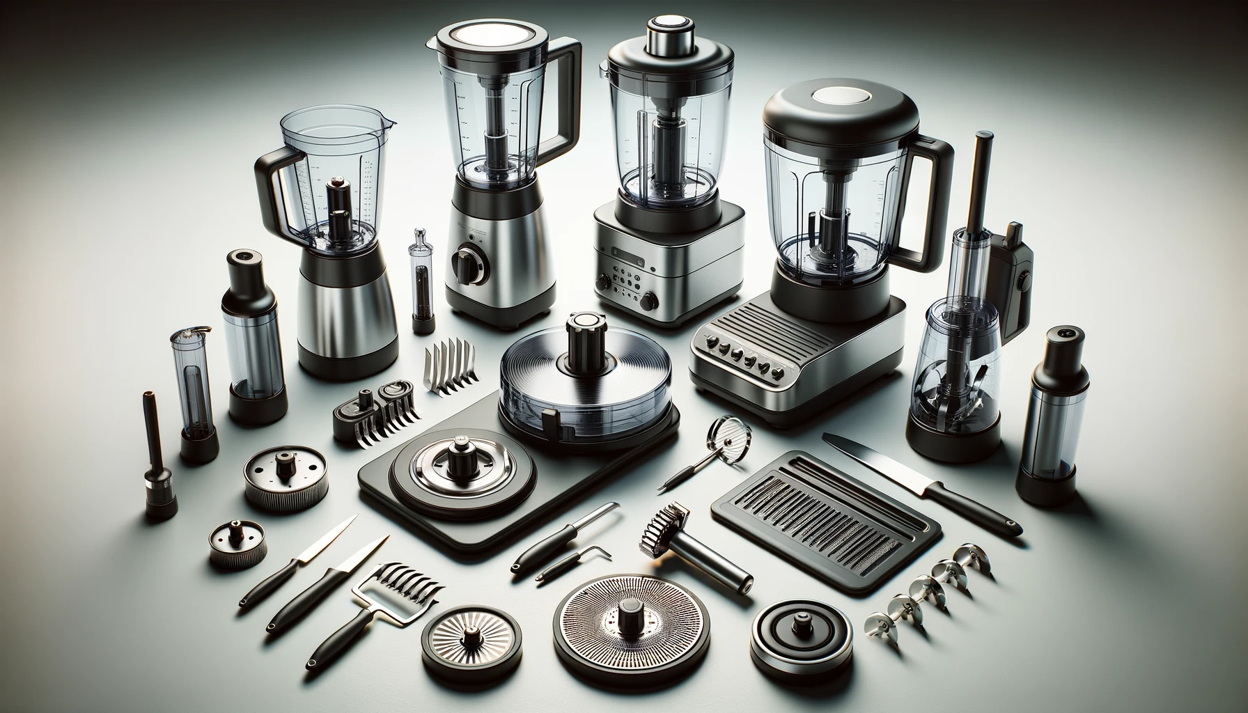 DALL·E-2024-04-08-13.56.45-A-high-resolution-image-of-a-kitchen-appliance-set-spread-out-on-a-surface.-The-set-includes-a-modern-food-processor-with-multiple-attachments-like-bl