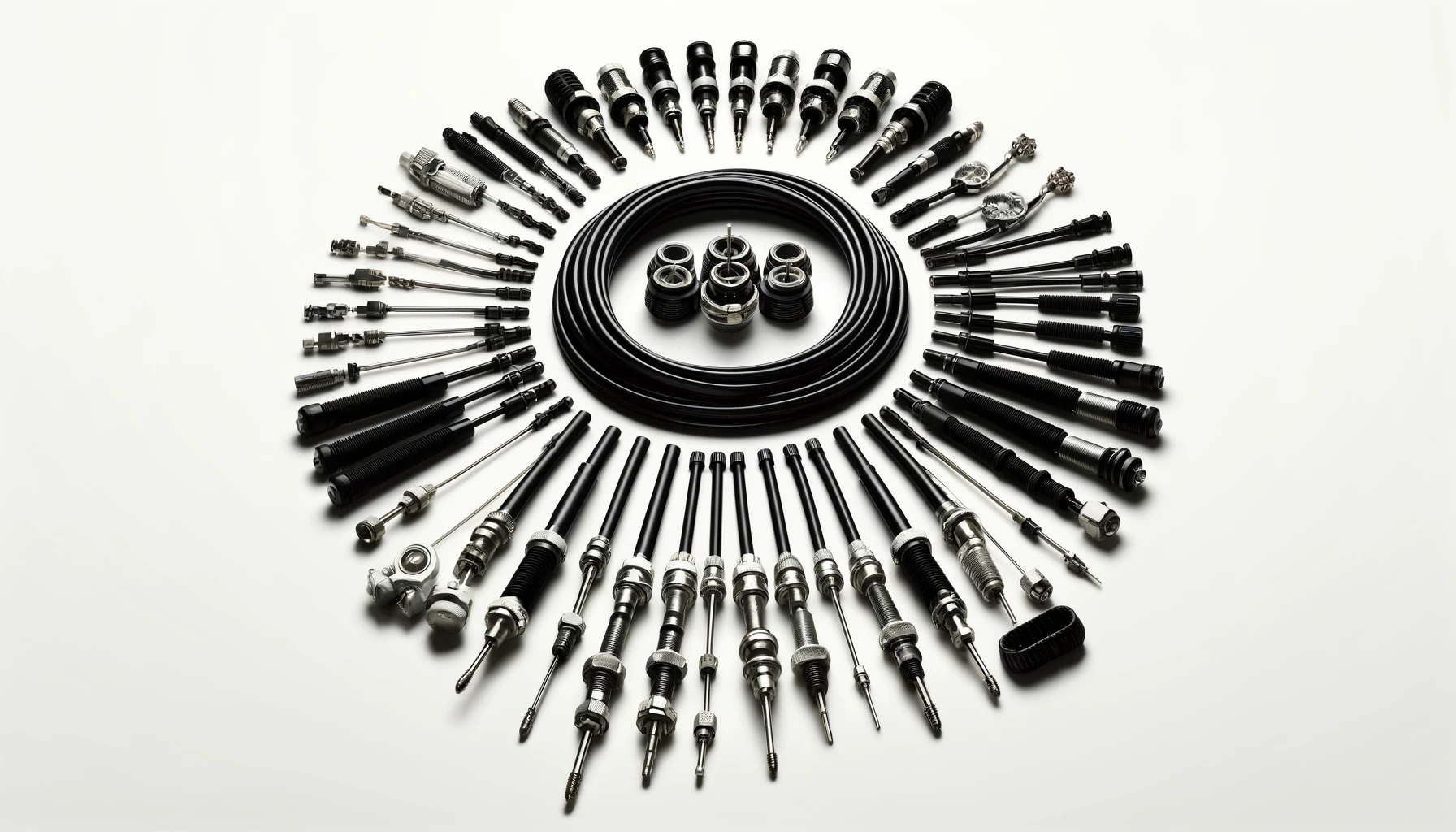 DALL·E-2024-04-08-14.52.30-A-highly-detailed-image-of-various-types-of-black-throttle-cables-for-vehicles-arranged-neatly-on-a-white-background.-The-cables-have-metal-ends-with