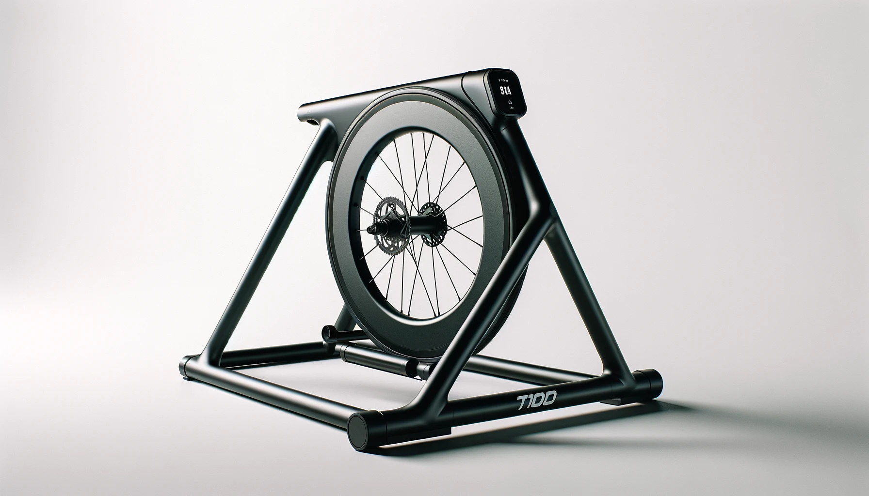 DALL·E-2024-04-09-13.08.44-A-modern-black-bike-trainer-with-a-sleek-design.-The-main-body-of-the-trainer-which-houses-the-resistance-unit-is-oval-and-compact-with-the-brand-