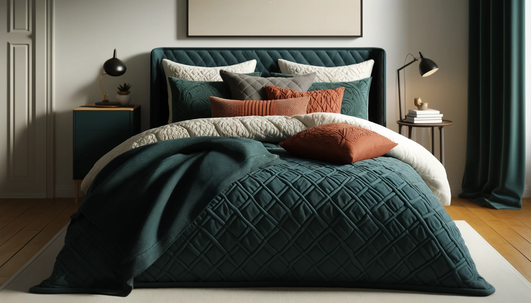 DALL·E-2024-04-09-15.49.36-Create-a-detailed-horizontal-image-featuring-a-bed-with-a-dark-teal-quilted-coverlet.-The-bed-should-have-several-pillows_-two-larger-ones-in-the-same