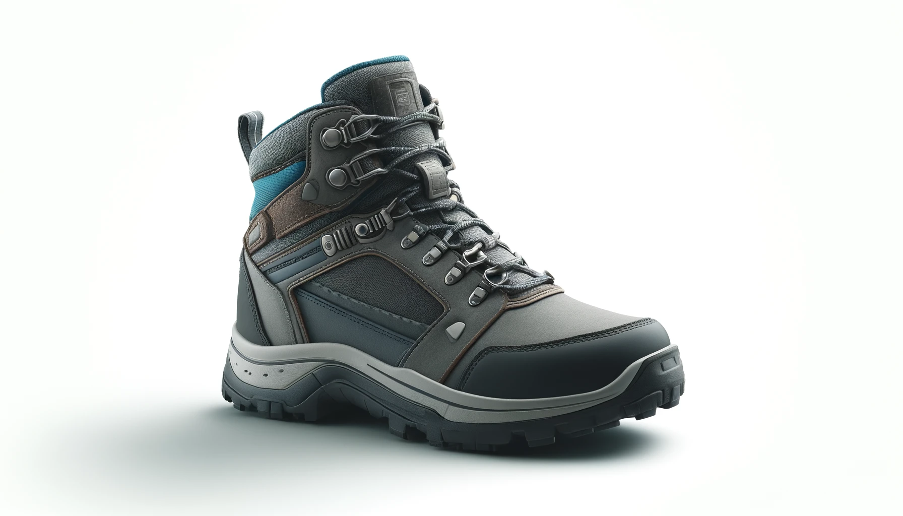 DALL·E-2024-04-09-15.53.40-A-single-modern-hiking-boot-predominantly-dark-gray-with-blue-accents-placed-on-a-white-background.-The-boot-features-a-high-top-design-for-ankle-su