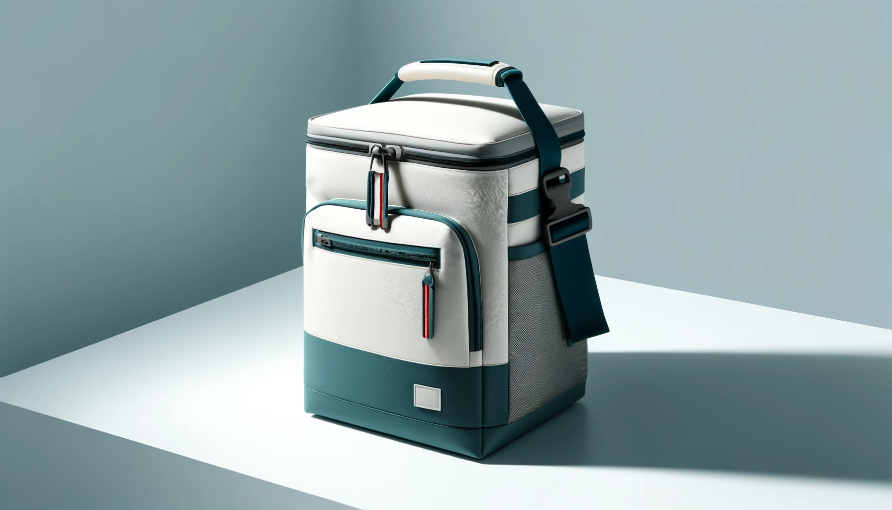 DALL·E-2024-04-09-15.56.17-A-modern-insulated-cooler-bag-designed-for-camping-or-picnics-featuring-a-color-palette-of-white-dark-teal-and-light-gray.-The-bag-has-a-structured