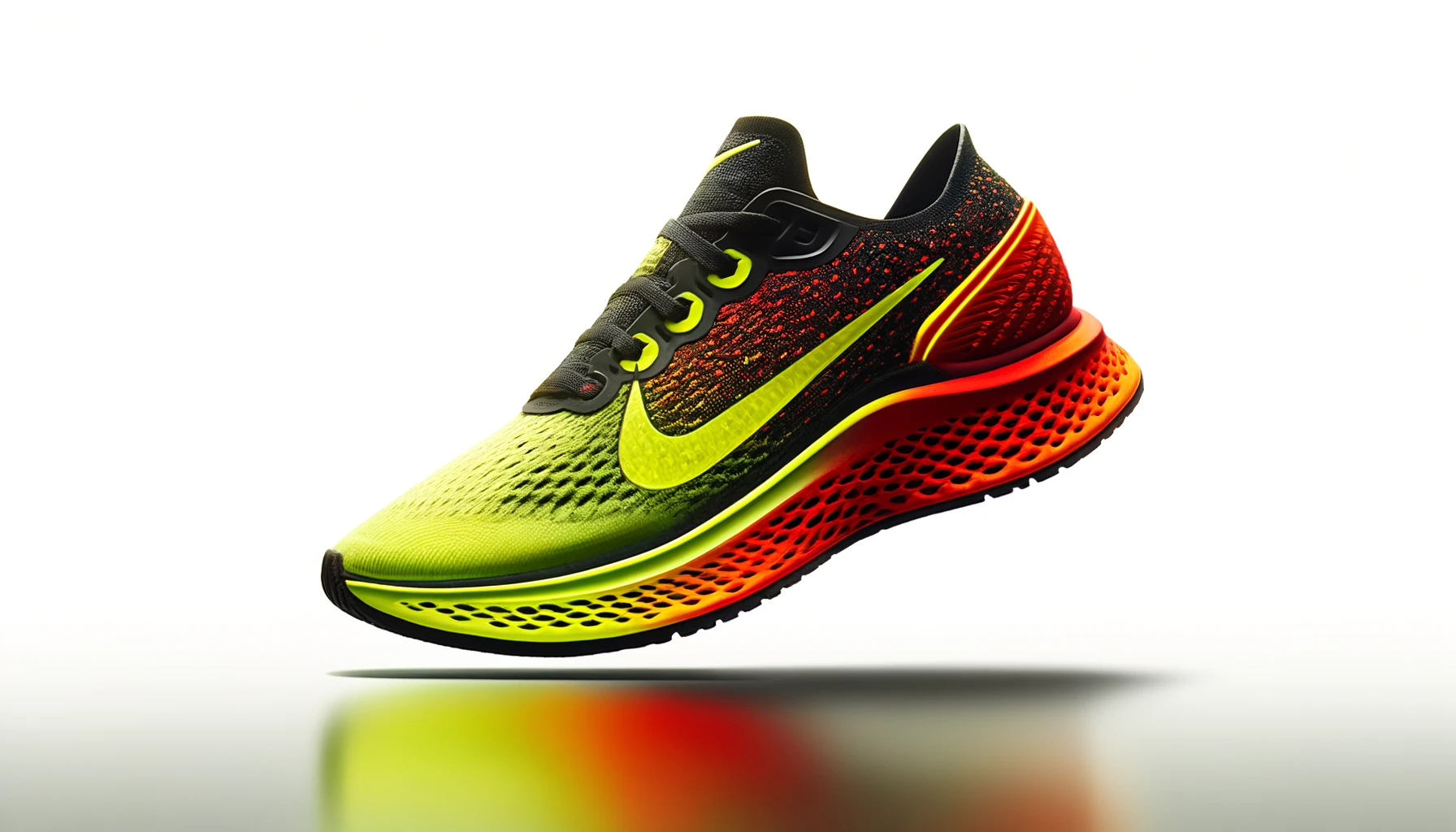 DALL·E-2024-04-09-16.10.24-A-single-modern-running-shoe-with-a-dynamic-design-featuring-a-gradient-from-neon-yellow-to-orange-on-the-midsole-blending-into-red-at-the-heel.-The