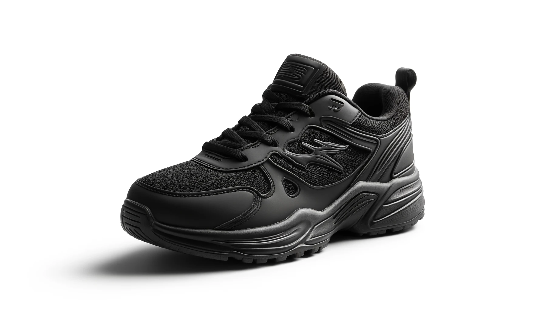 DALL·E-2024-04-09-16.22.43-A-single-all-black-athletic-sneaker-with-a-classic-design-on-a-white-background.-The-shoe-features-a-combination-of-textures-with-mesh-panels-for-bre