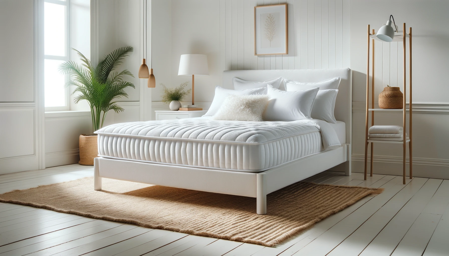 DALL·E-2024-04-09-17.15.53-Create-a-high-quality-horizontal-image-of-a-white-bedroom-setting-featuring-a-neatly-made-bed-with-a-plush-mattress-topper-and-several-fluffy-pillows