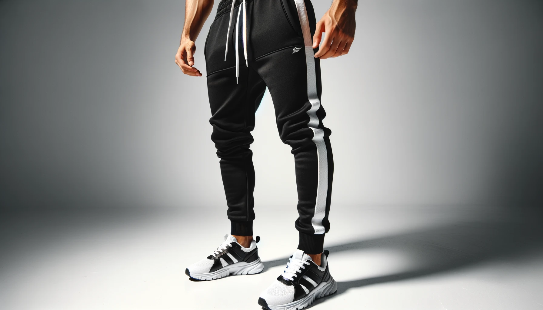DALL·E-2024-04-09-19.28.27-Create-an-image-of-a-person-wearing-black-sporty-track-pants-with-a-white-vertical-stripe-on-the-sides-and-a-small-white-logo-on-the-upper-left-side.-