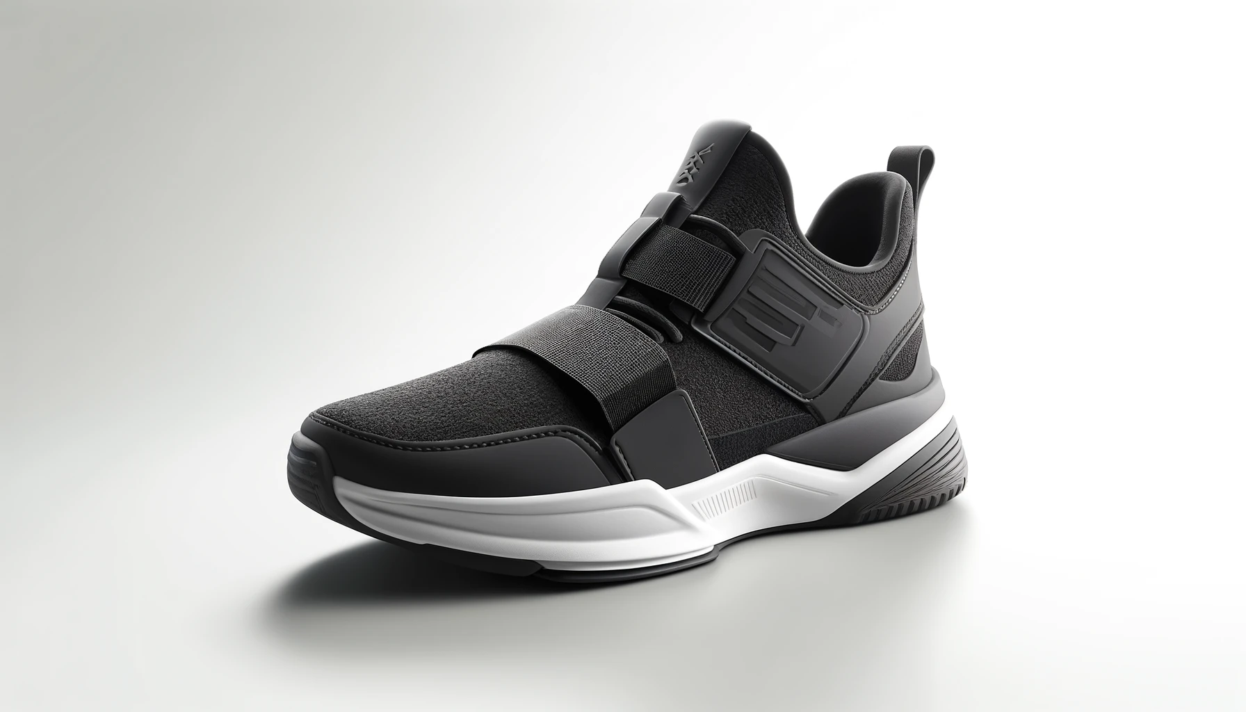 DALL·E-2024-04-09-19.31.19-Create-an-image-of-a-modern-athletic-shoe-with-a-sleek-black-textile-upper-and-a-thick-white-sole.-The-shoe-should-feature-a-strap-design-over-the-ins