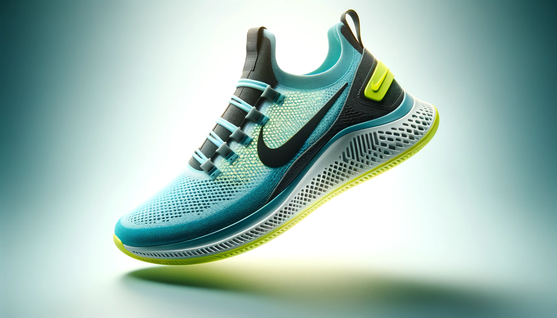 DALL·E-2024-04-10-05.46.21-Create-an-image-of-a-modern-running-shoe-with-a-seamless-aqua-blue-mesh-upper-for-breathability.-The-shoe-should-have-a-dynamic-black-swoosh-like-logo
