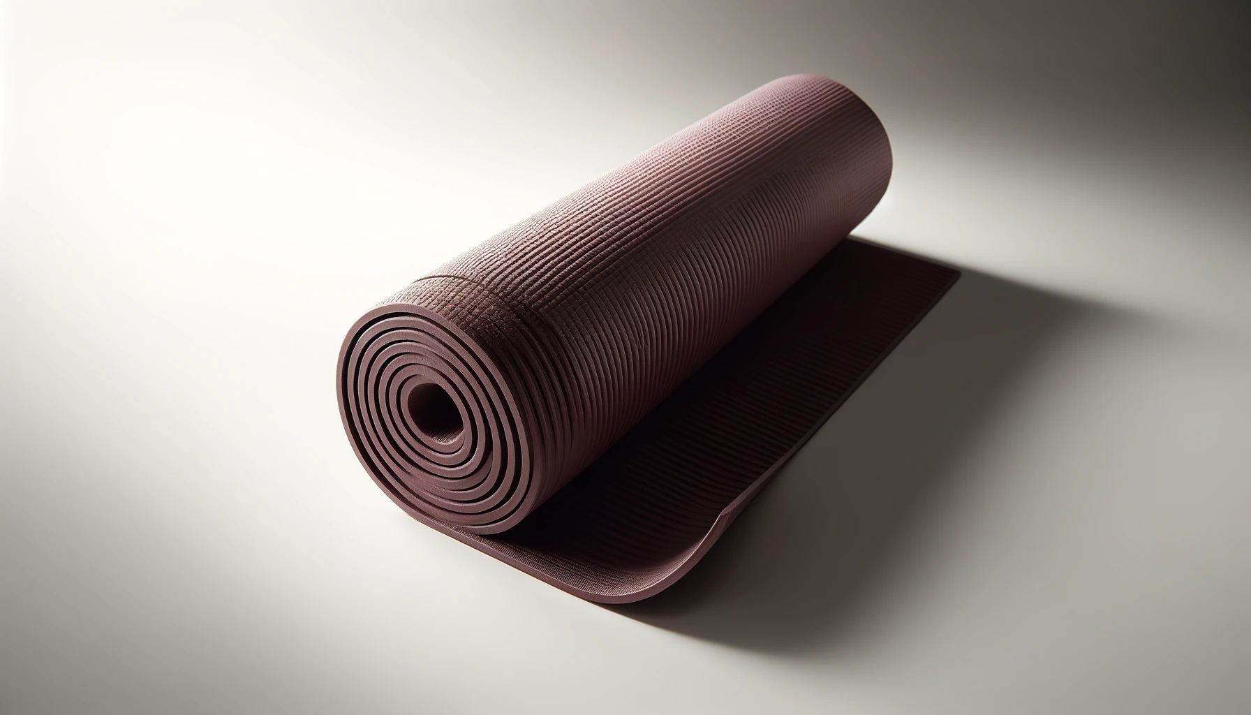 DALL·E-2024-04-10-05.49.14-Create-an-image-of-a-high-quality-yoga-mat-partially-rolled-up-revealing-its-texture.-The-mat-should-be-a-deep-maroon-color-with-a-horizontal-ribbed-