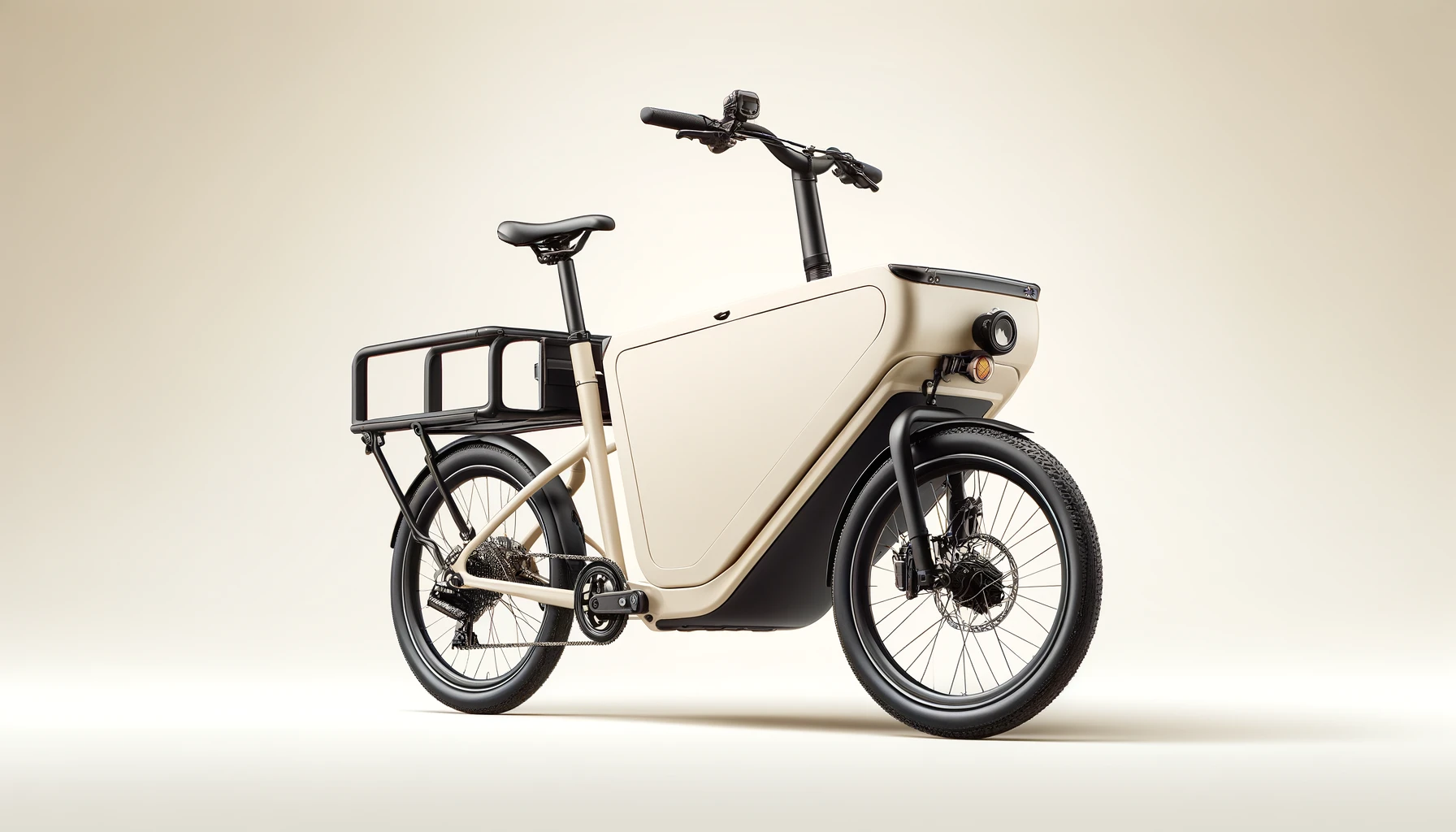 DALL·E-2024-04-10-06.31.06-A-studio-photograph-of-a-cream-colored-electric-cargo-bike-on-a-plain-white-background.-The-bike-has-an-elongated-frame-with-a-large-cargo-platform-at