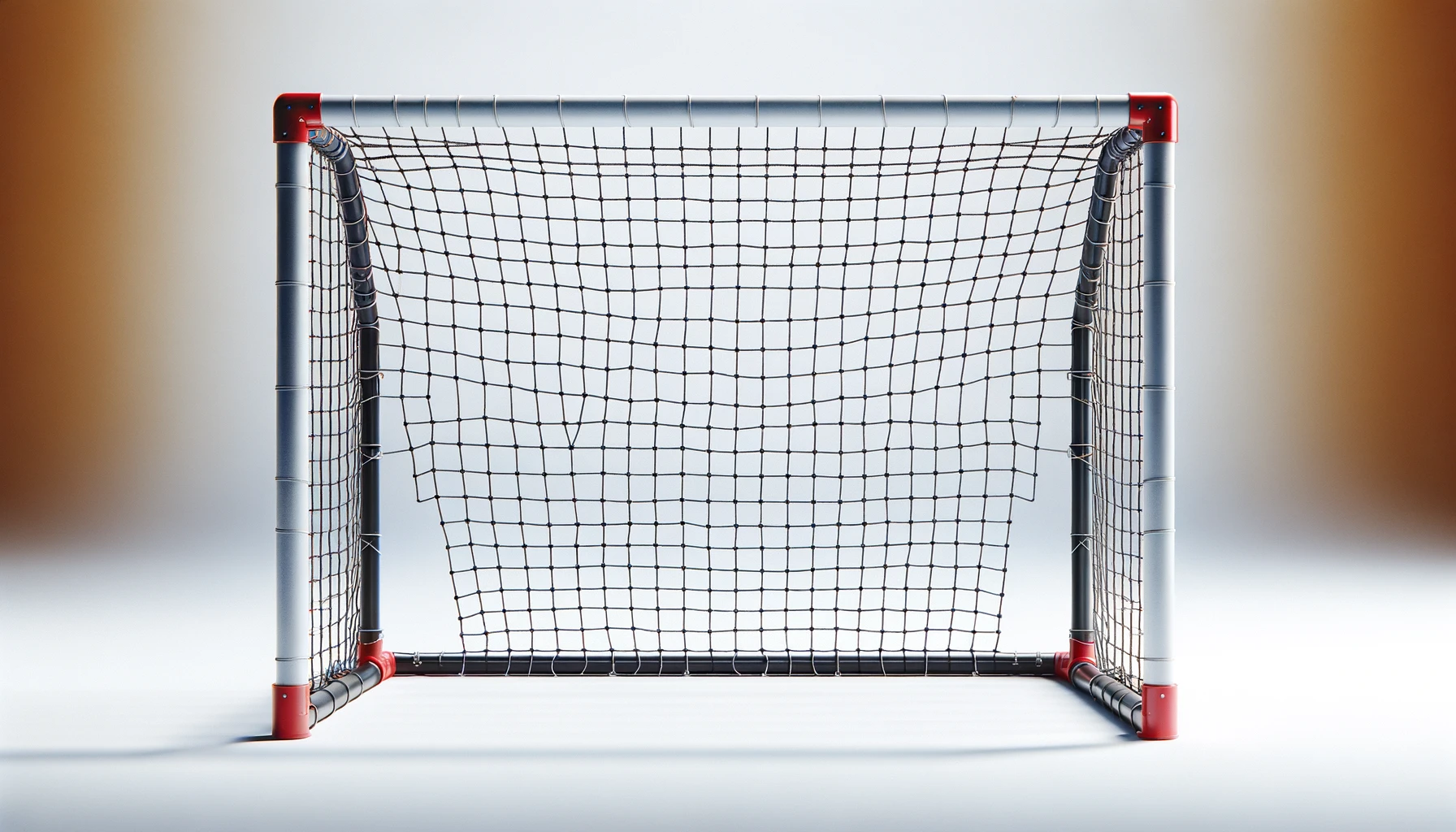DALL·E-2024-04-10-06.34.33-A-studio-photograph-of-a-childrens-soccer-goal-on-a-white-background.-The-goal-frame-is-made-of-black-metal-with-red-upper-posts.-The-net-is-a-standa