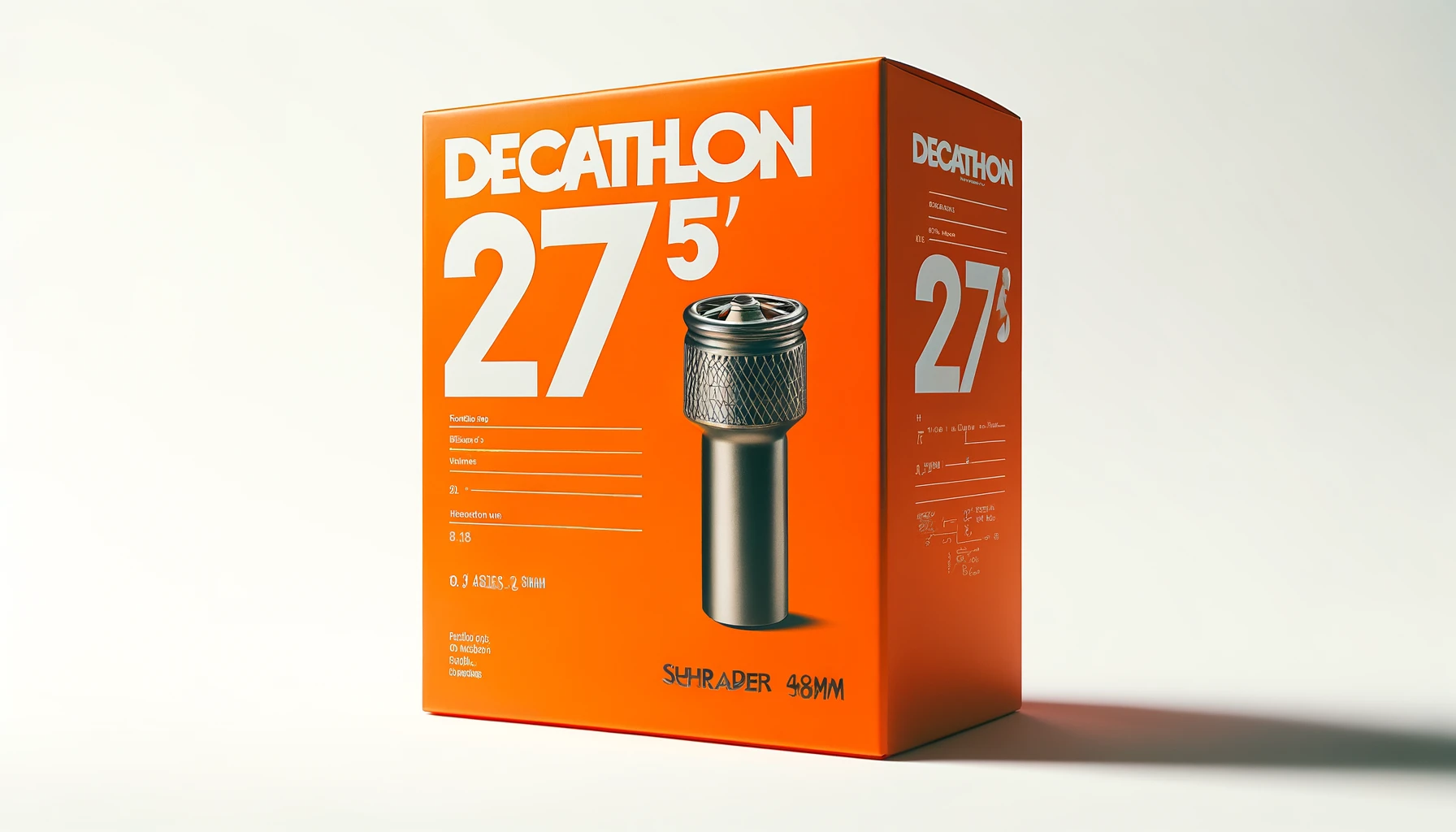 DALL·E-2024-04-10-06.56.16-Studio-photograph-of-a-Decathlon-brand-bicycle-inner-tube-box.-The-box-is-bright-orange-with-a-large-275_-in-white-and-the-measurements-19_-