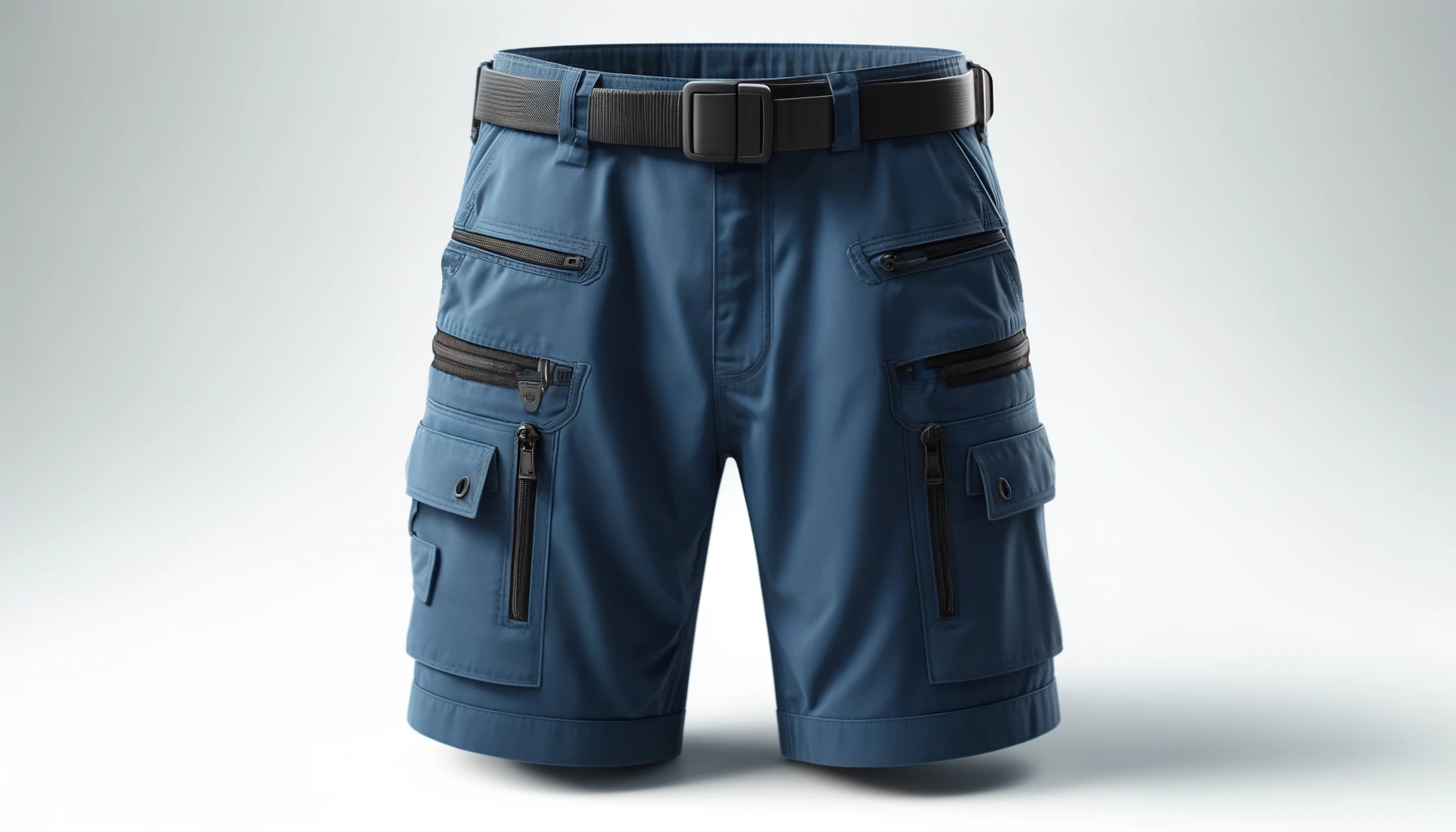 DALL·E-2024-04-10-08.55.37-A-studio-photograph-of-a-pair-of-mens-blue-hiking-shorts.-The-shorts-are-designed-with-practical-features-including-multiple-zippered-pockets-with-b